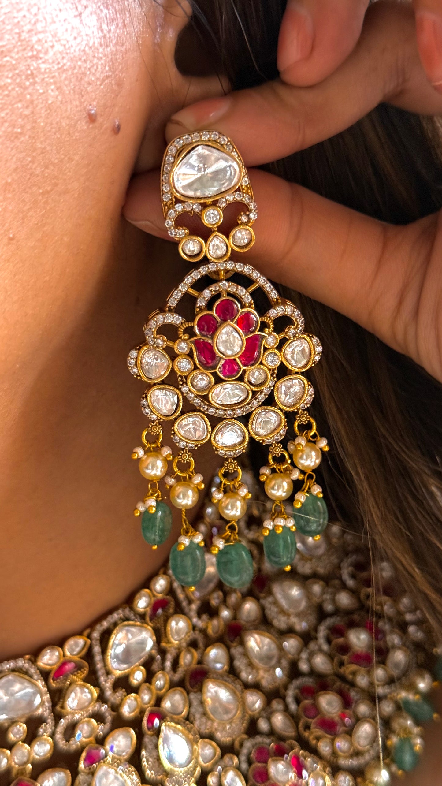 Rani pink takkar & mint drop choker with uncut polki detailing