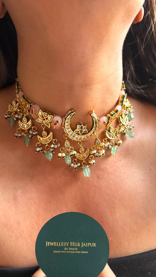 Rose quartz inlay with mint drops meenakari work choker Necklace