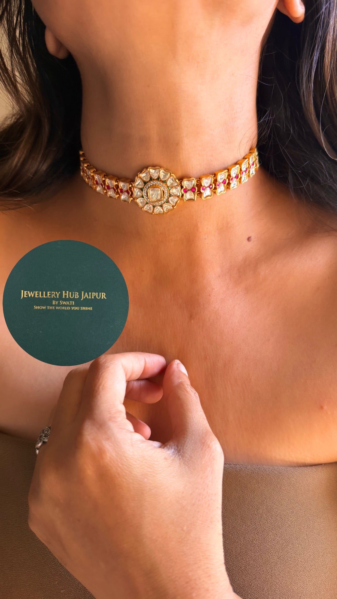 Real moissanite rani pink & emerald floral minimal choker set