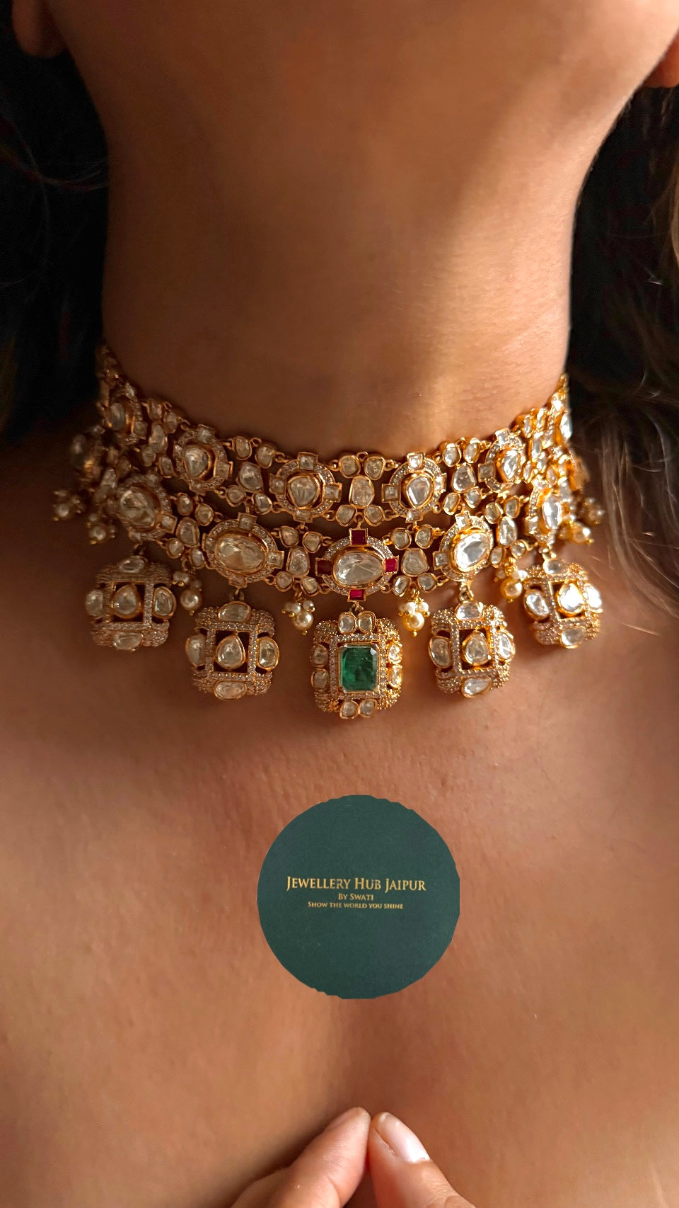 Real moissanite uncut polki emerald doublet Necklace