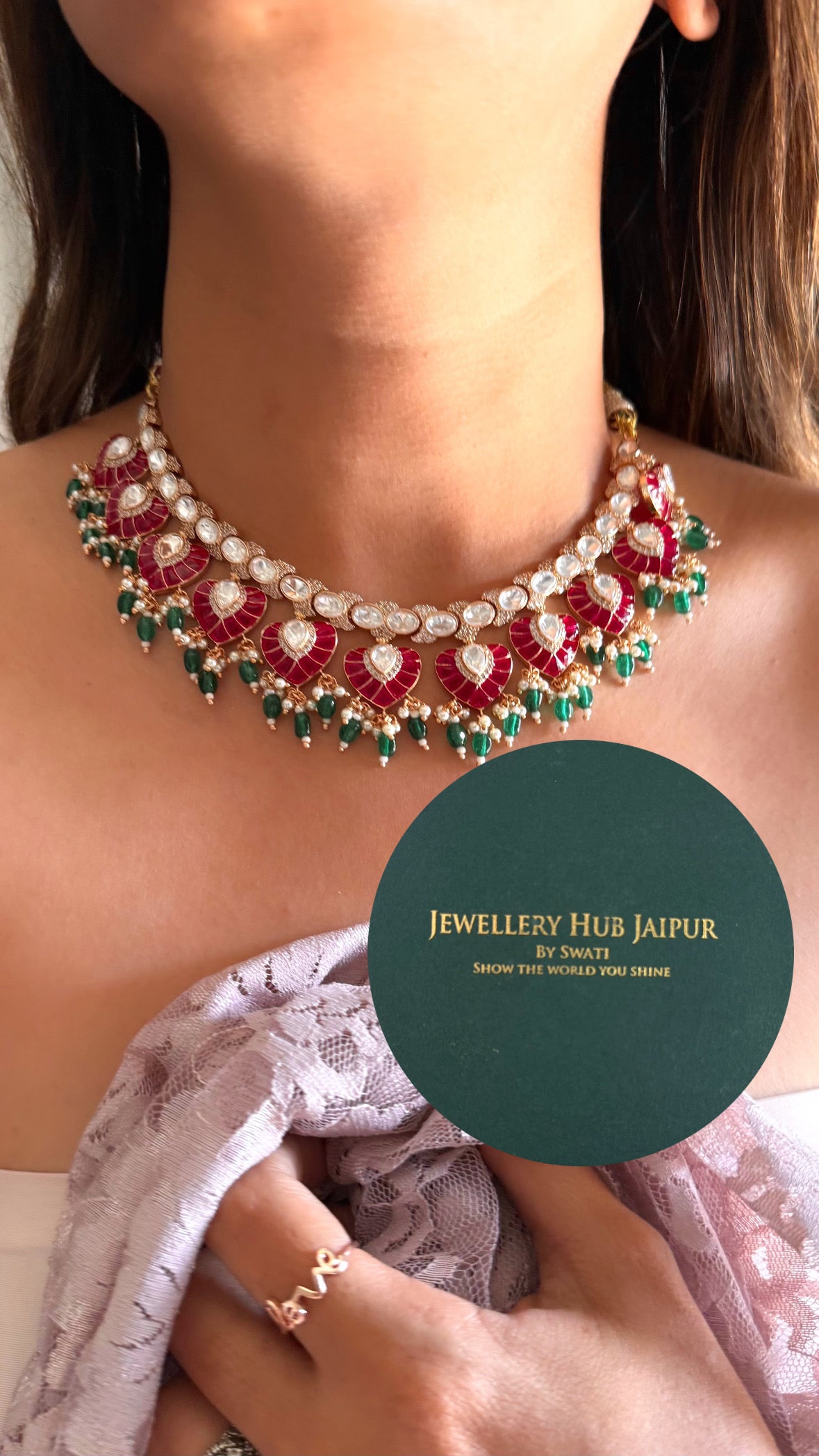 Rani pink & dark emerald katdana Moissanite collar necklace