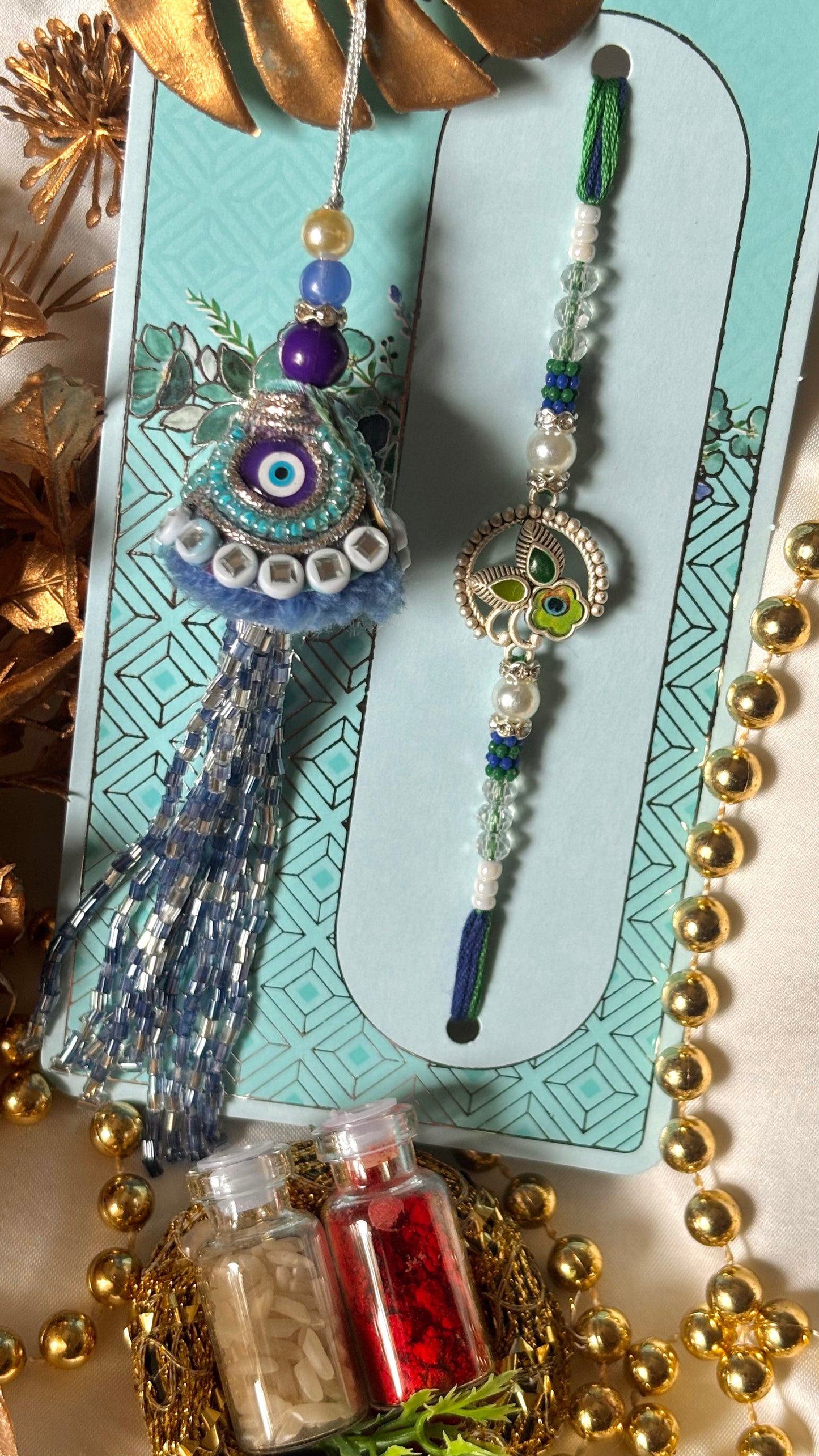 Evil eye lumba with morpankh couple rakhi Rakhi ( shipping will be extra )