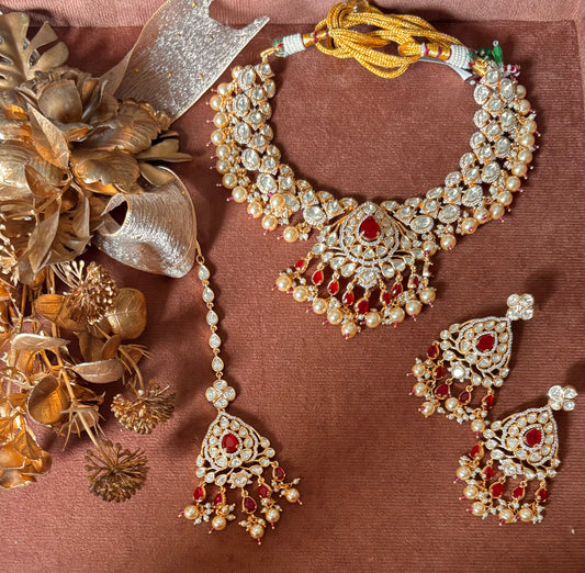 Ruby doublets & moissanite polki necklace with maangtika