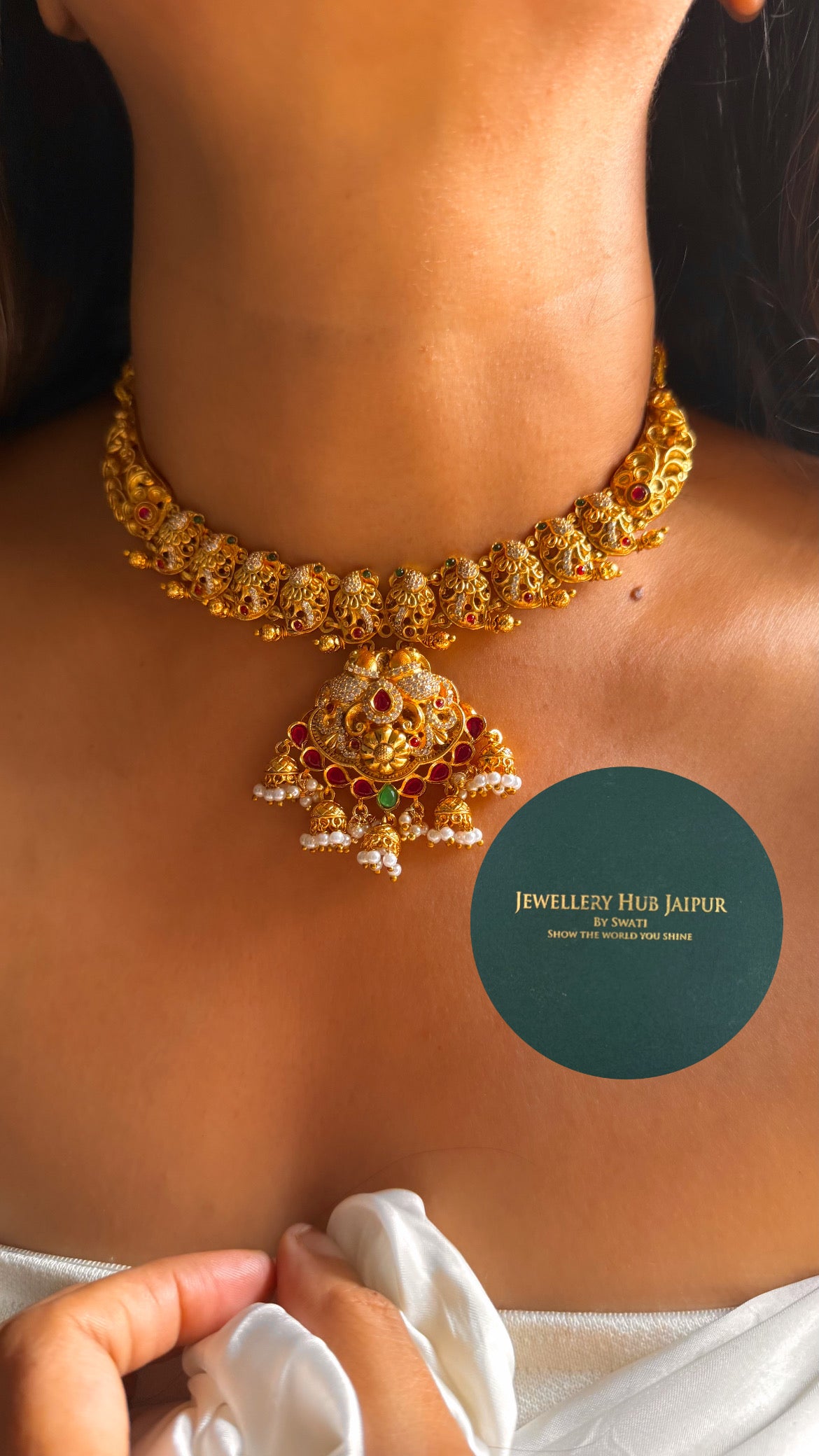 Ruby & emerald with minimal jhumka with pearl drop temple set