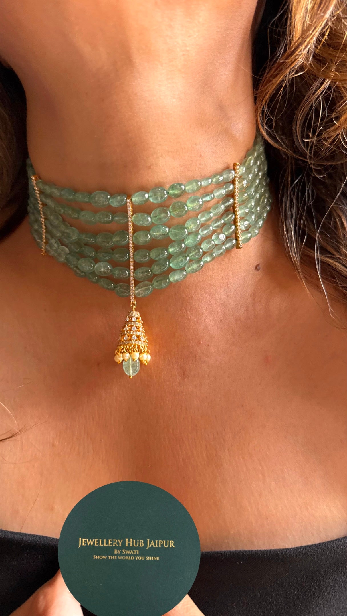 Designer jumki pendant with mint pearl detailing choker