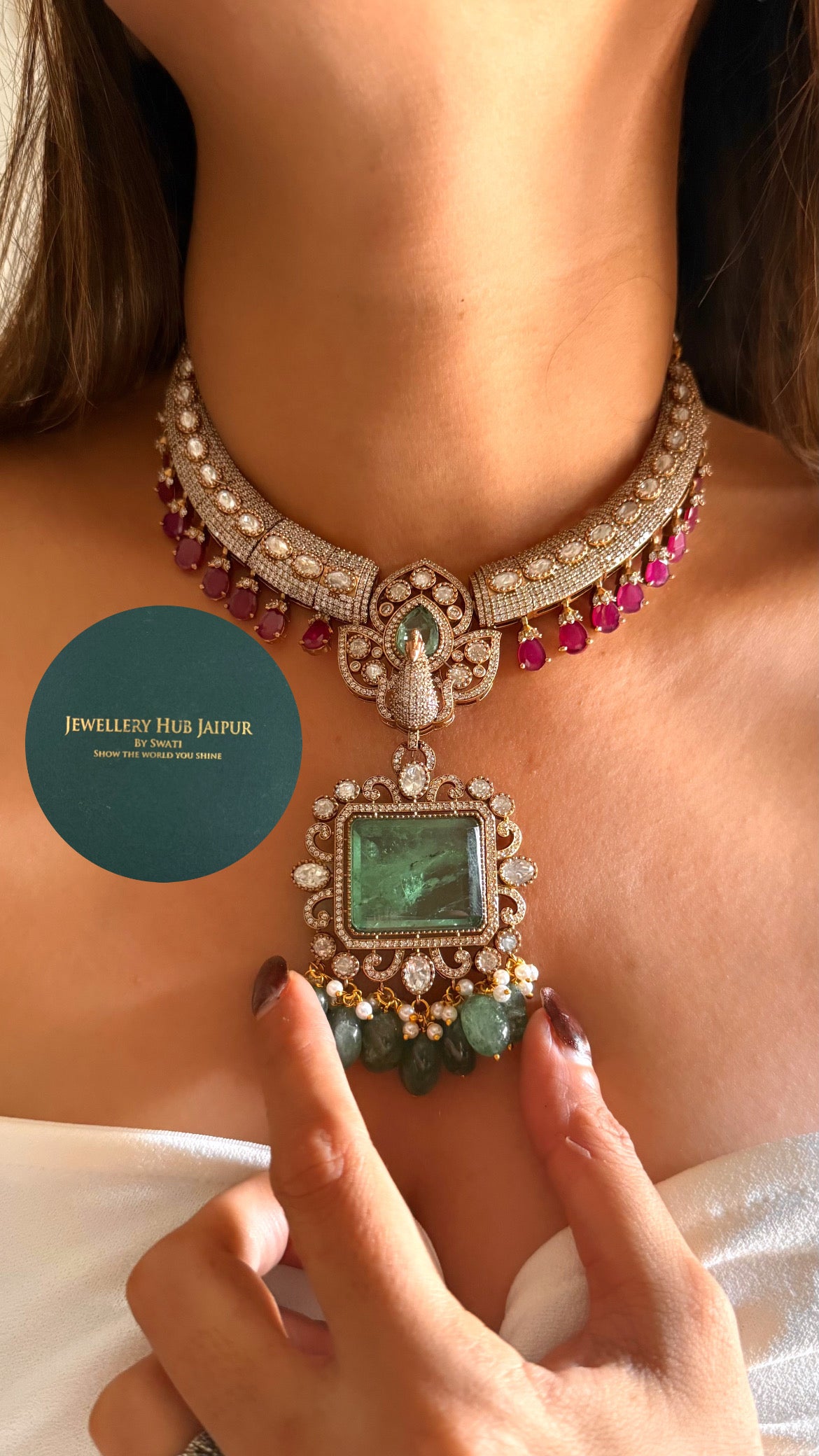 Mint doublet moissanite peacock with rani pink drops set