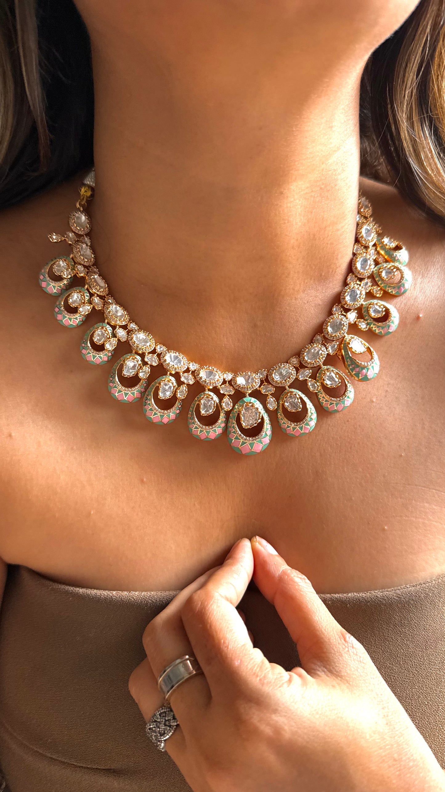 Pink & firoza meenakari necklace with polki detailing