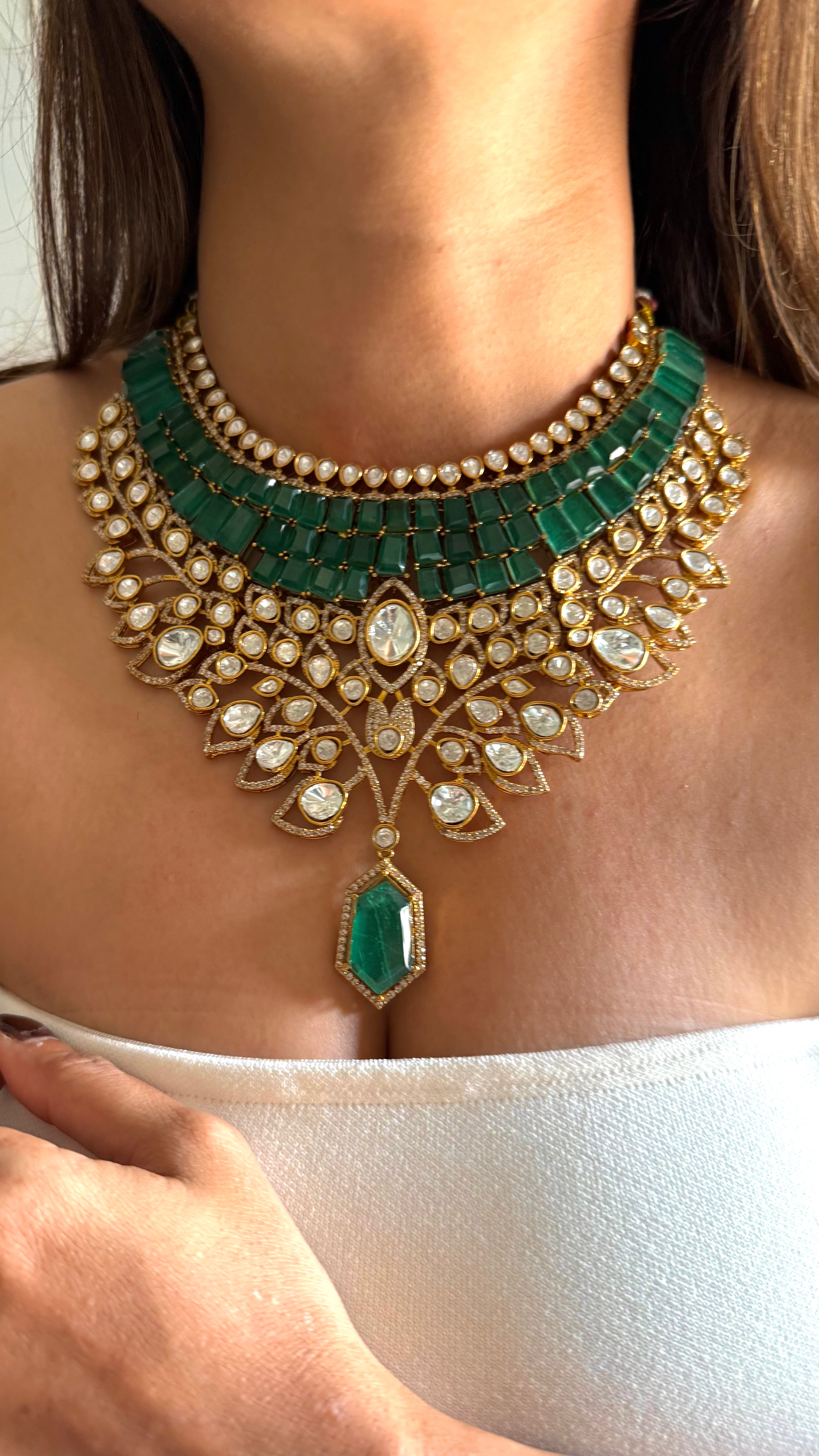 Emerald doublet & moissanite leaves designer set