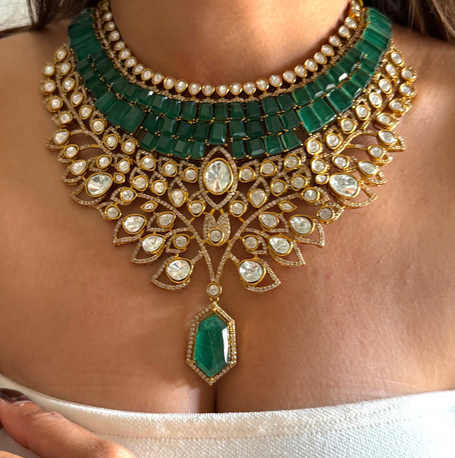 Emerald doublet & moissanite leaves designer set
