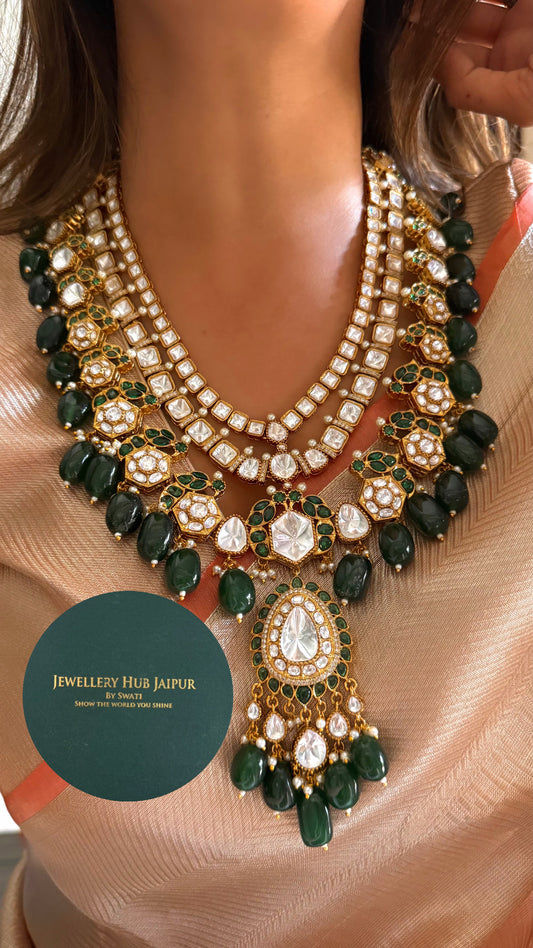 Rituraj Emerald moissanite polki triple layer designer necklace