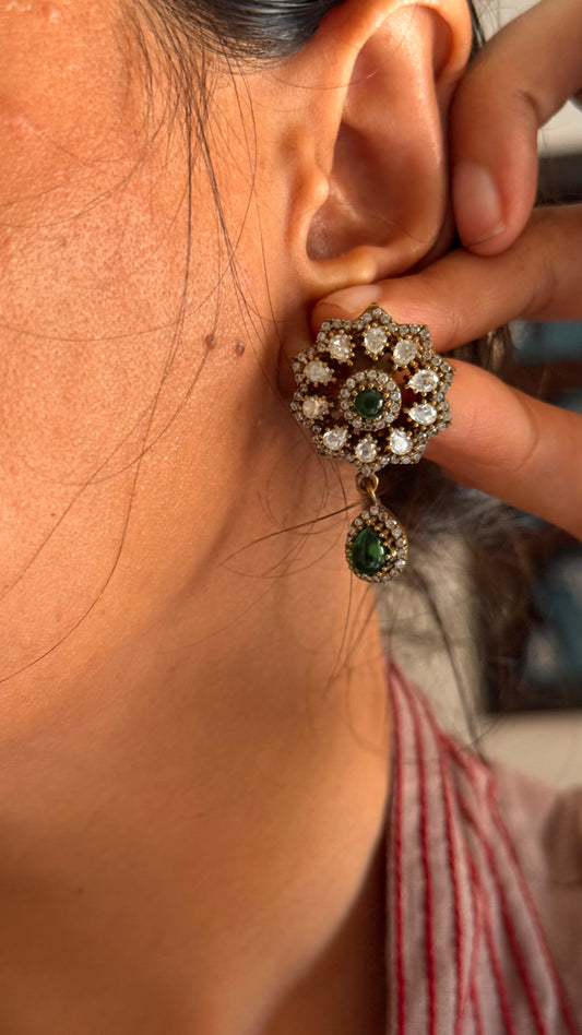 Emerald doublet moissanite victorian floral with emerald drop studs