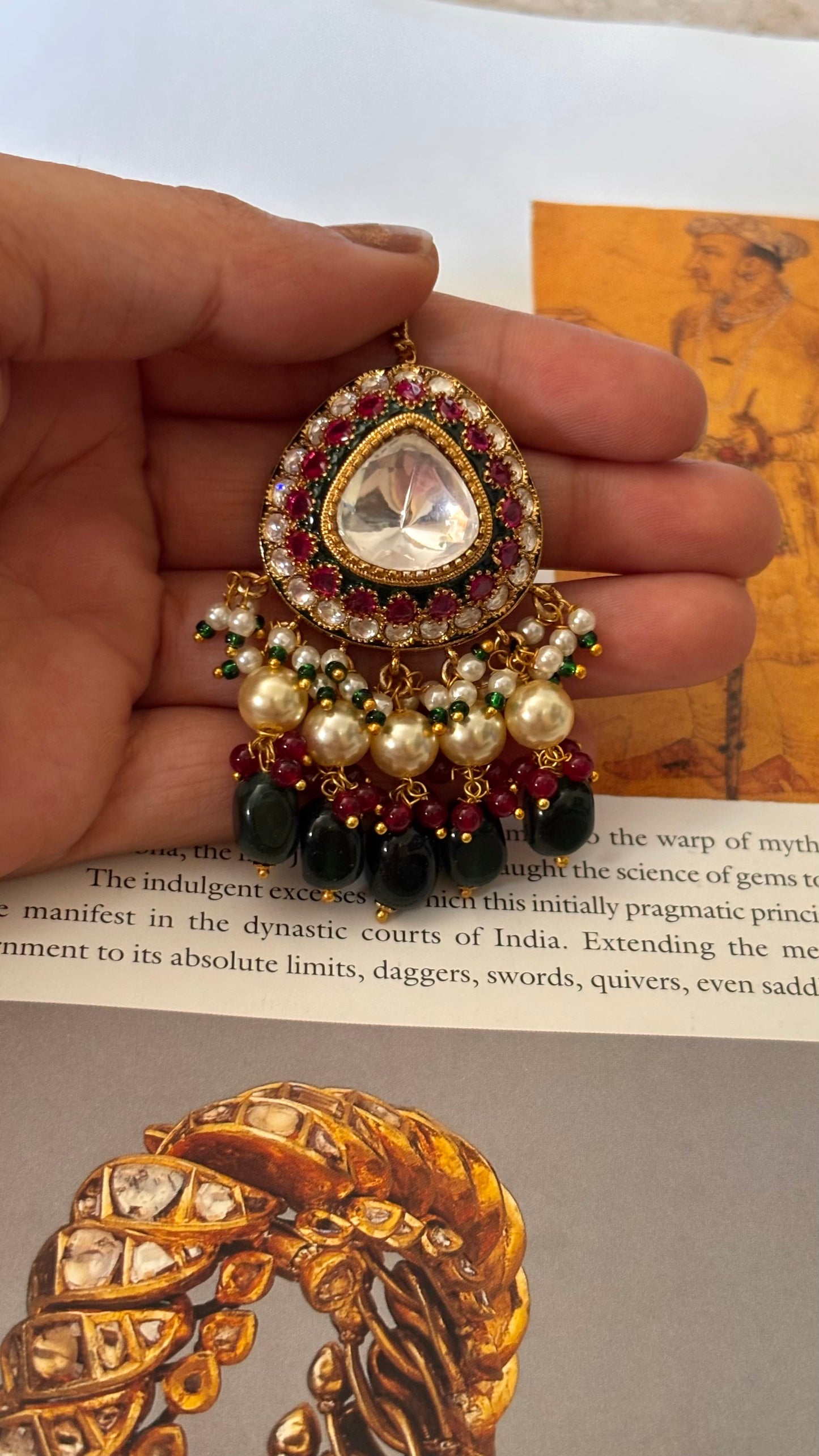 Emerald & Rani pink ruby with drops maangtika