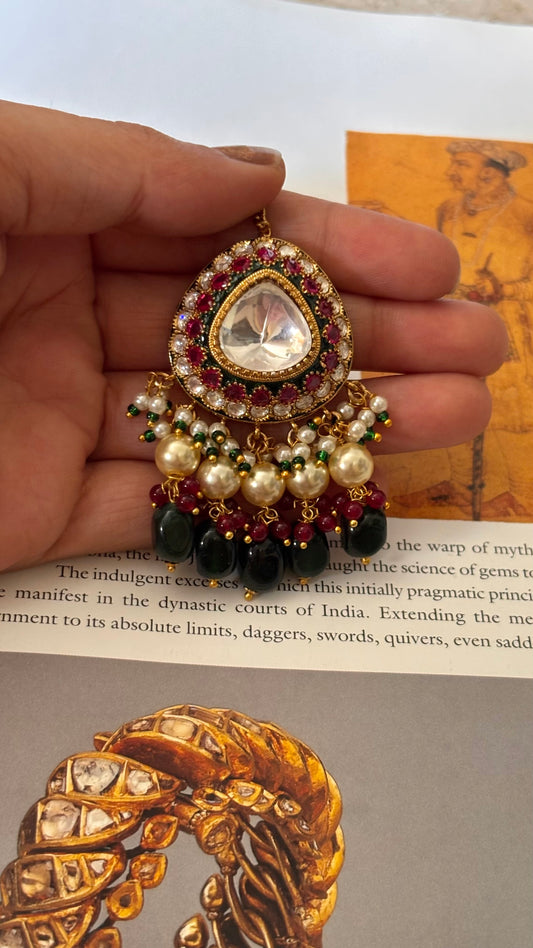 Emerald & Rani pink ruby with drops maangtika