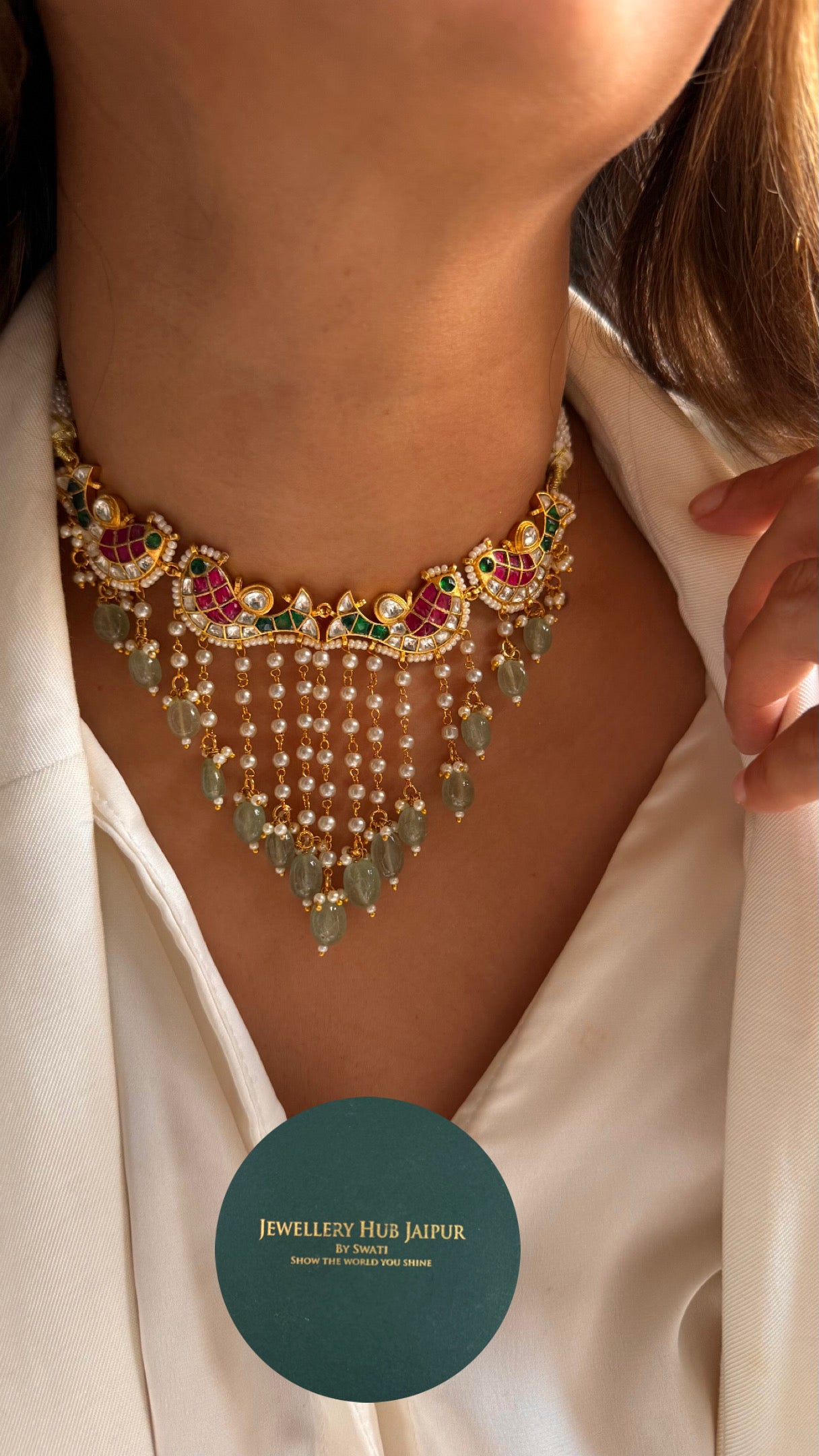 Fish inspired with pearl detailing mint drops designer Necklace