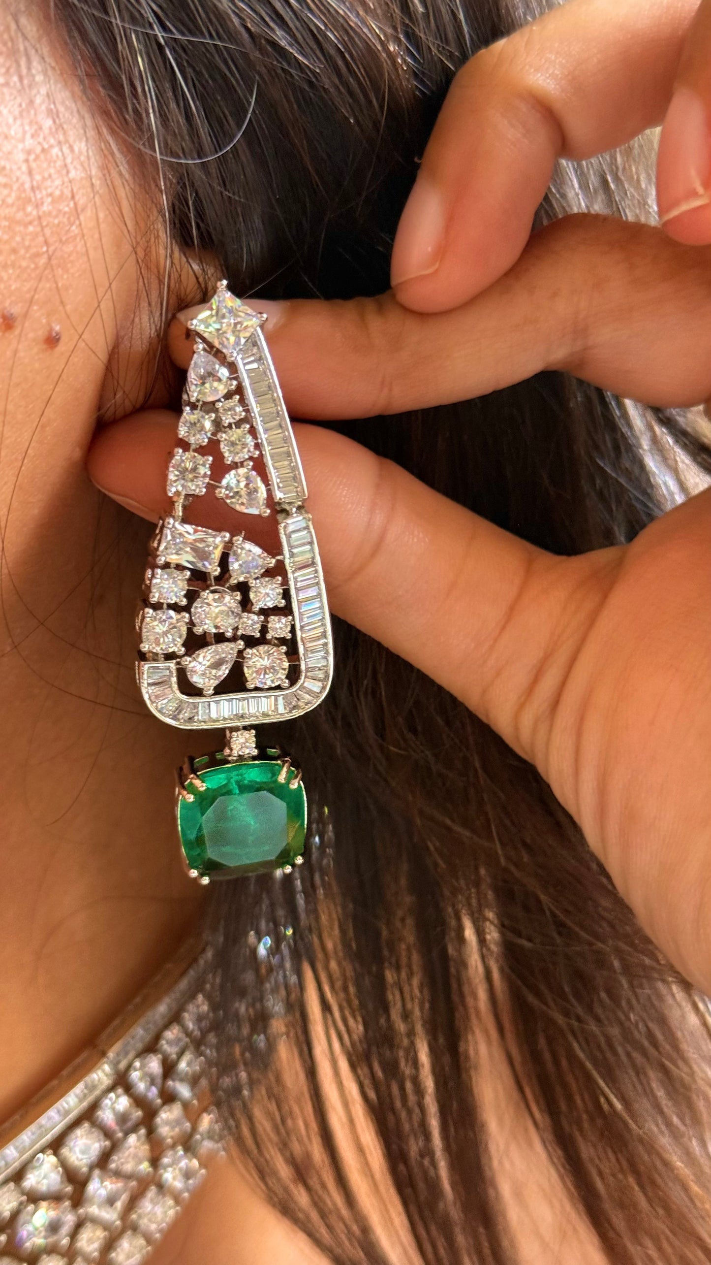 Emerald doublet cz diamond square cut necklace