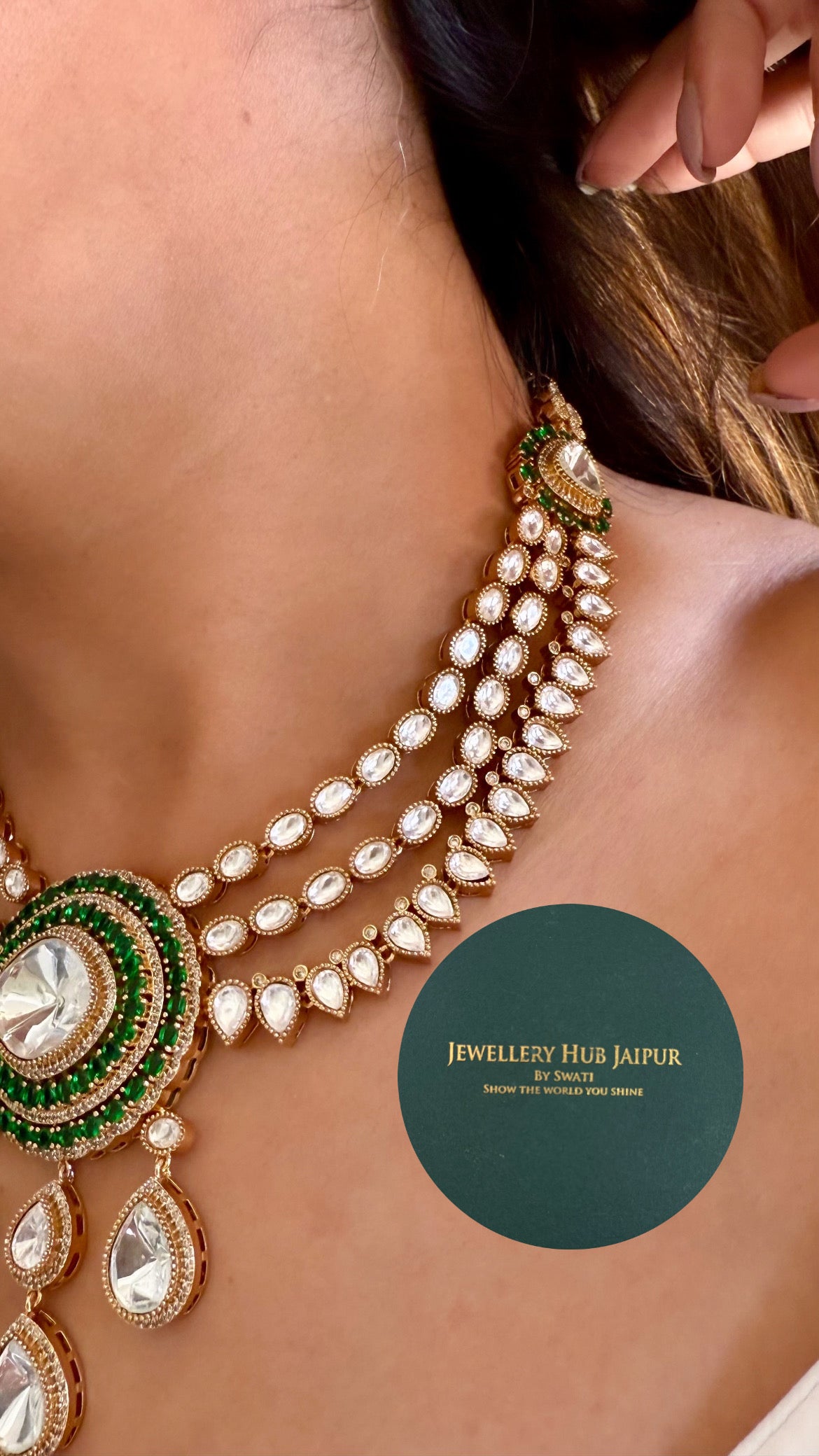 Emerald moissanite polki drop triple layered collar necklace