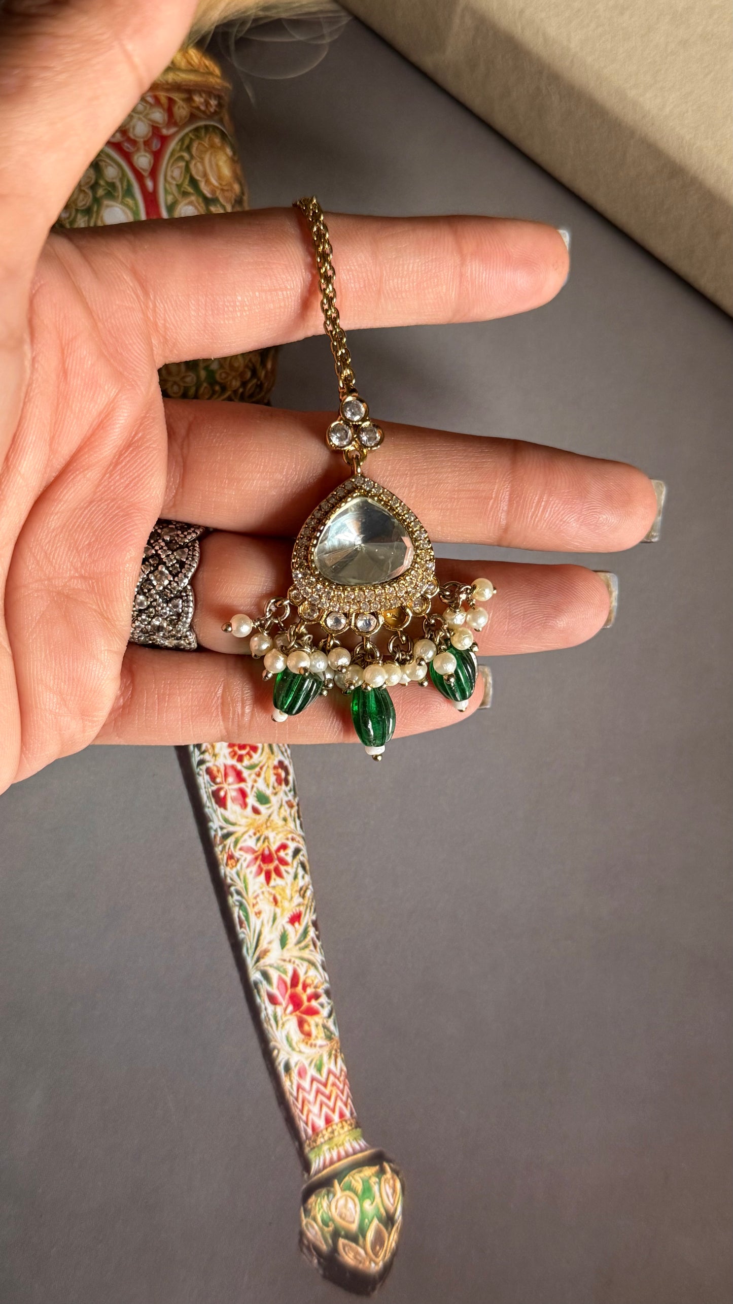 Moissanite polki emerald maangtika
