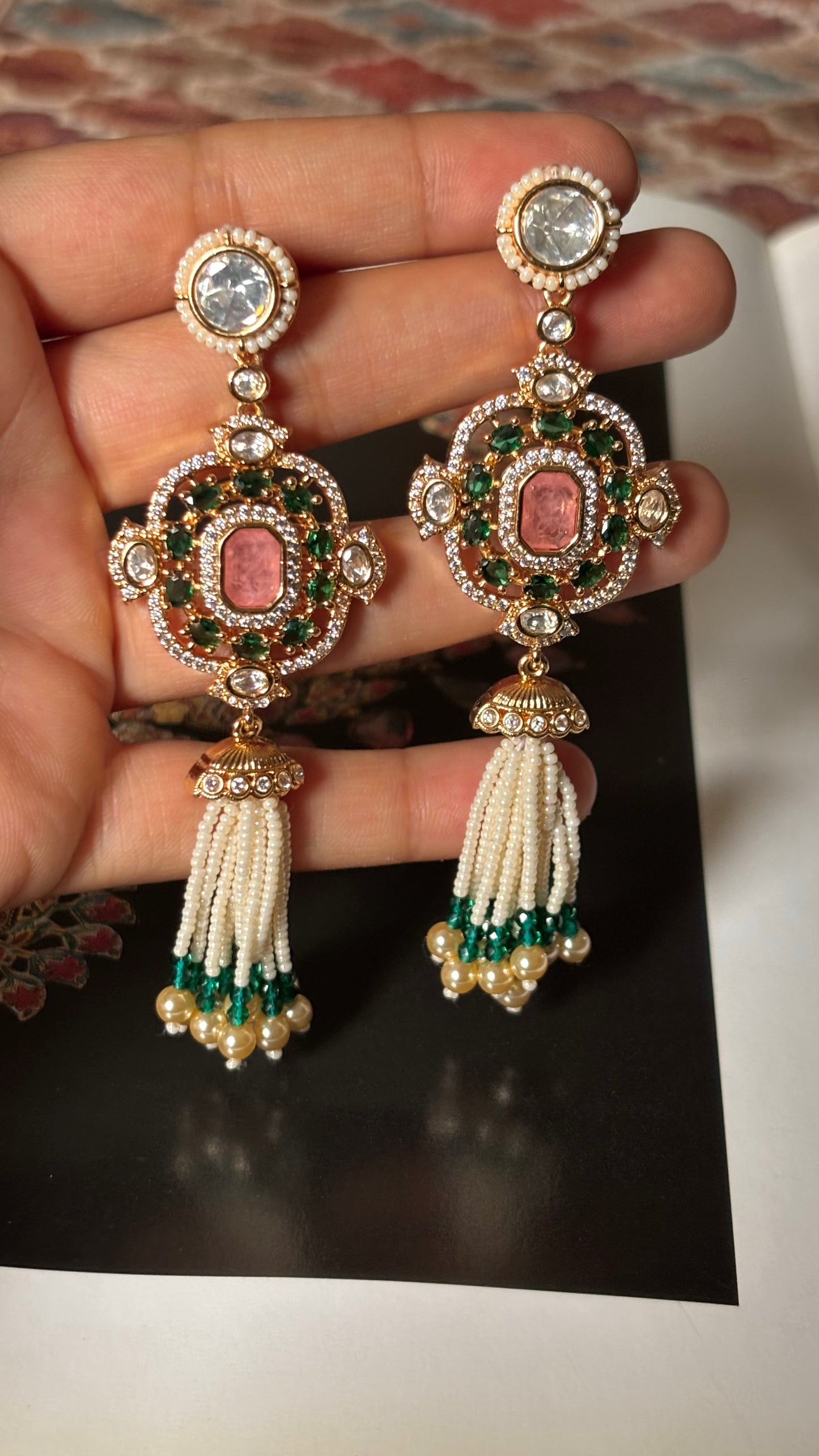 Emerald doublets & rose quartz with pearl detailing jhalar Earrings