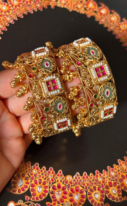 Mint inlay with rani pink gungroo drops rajwada openable Bangles
