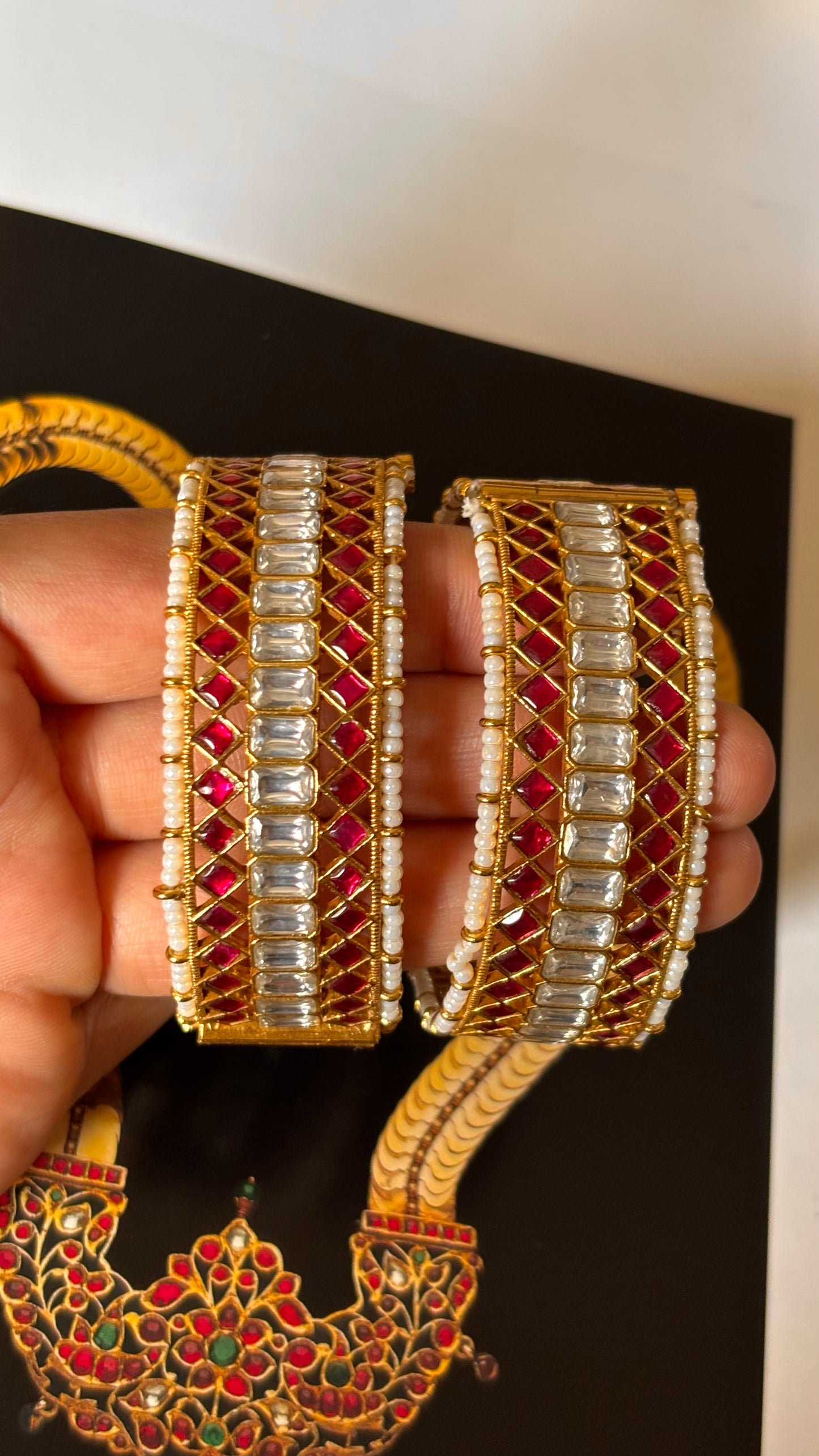 Ruby paachi jadau pearl detailing bangles