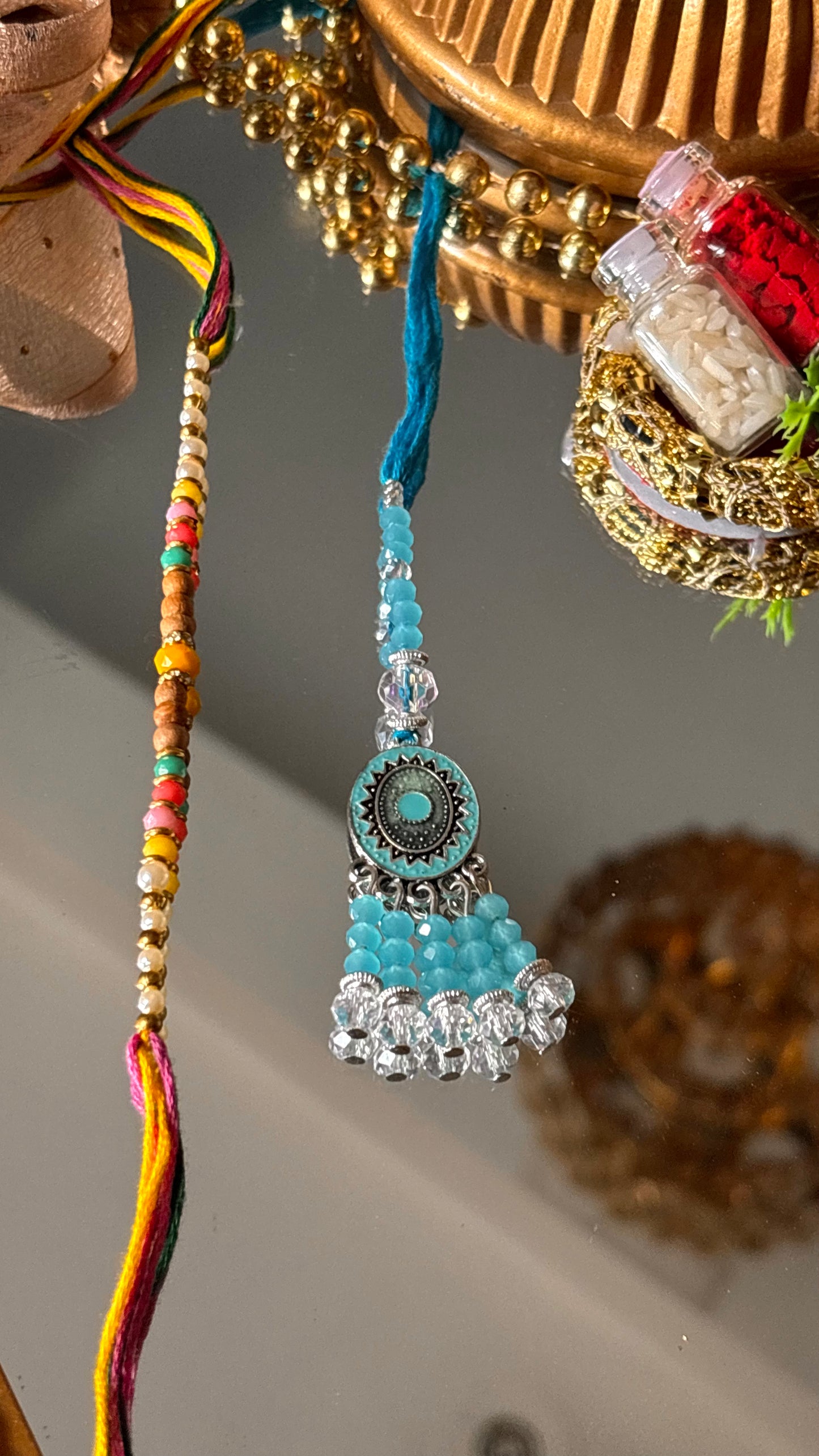 Bhaiya bhabhi lumba firoza nakashi oxidised rakhi ( shipping will be extra )