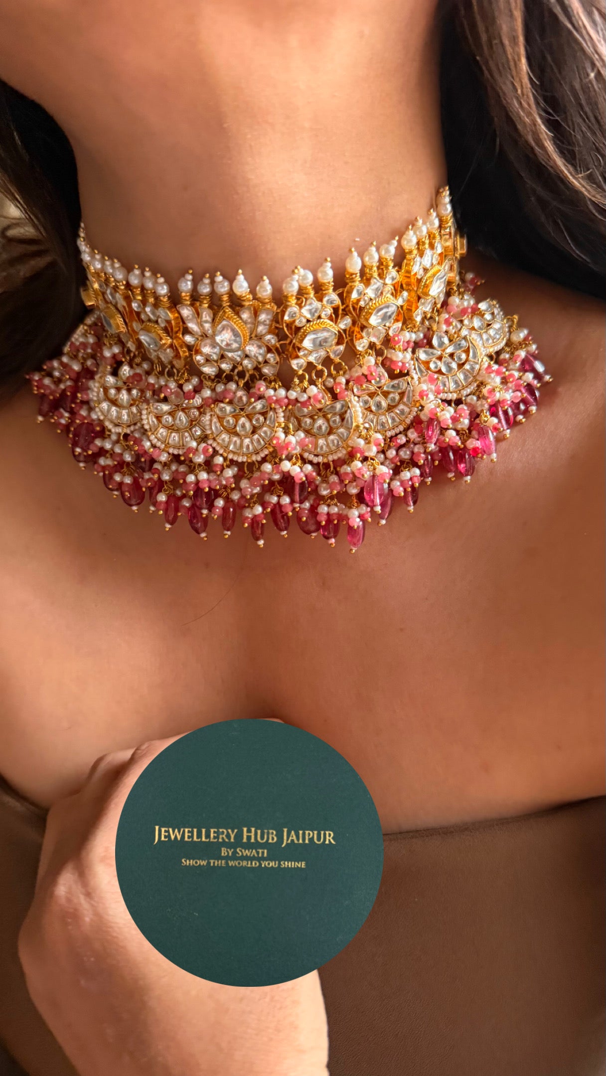 Lotus inspired chaand nakashi with rani pink drop bridal Necklace