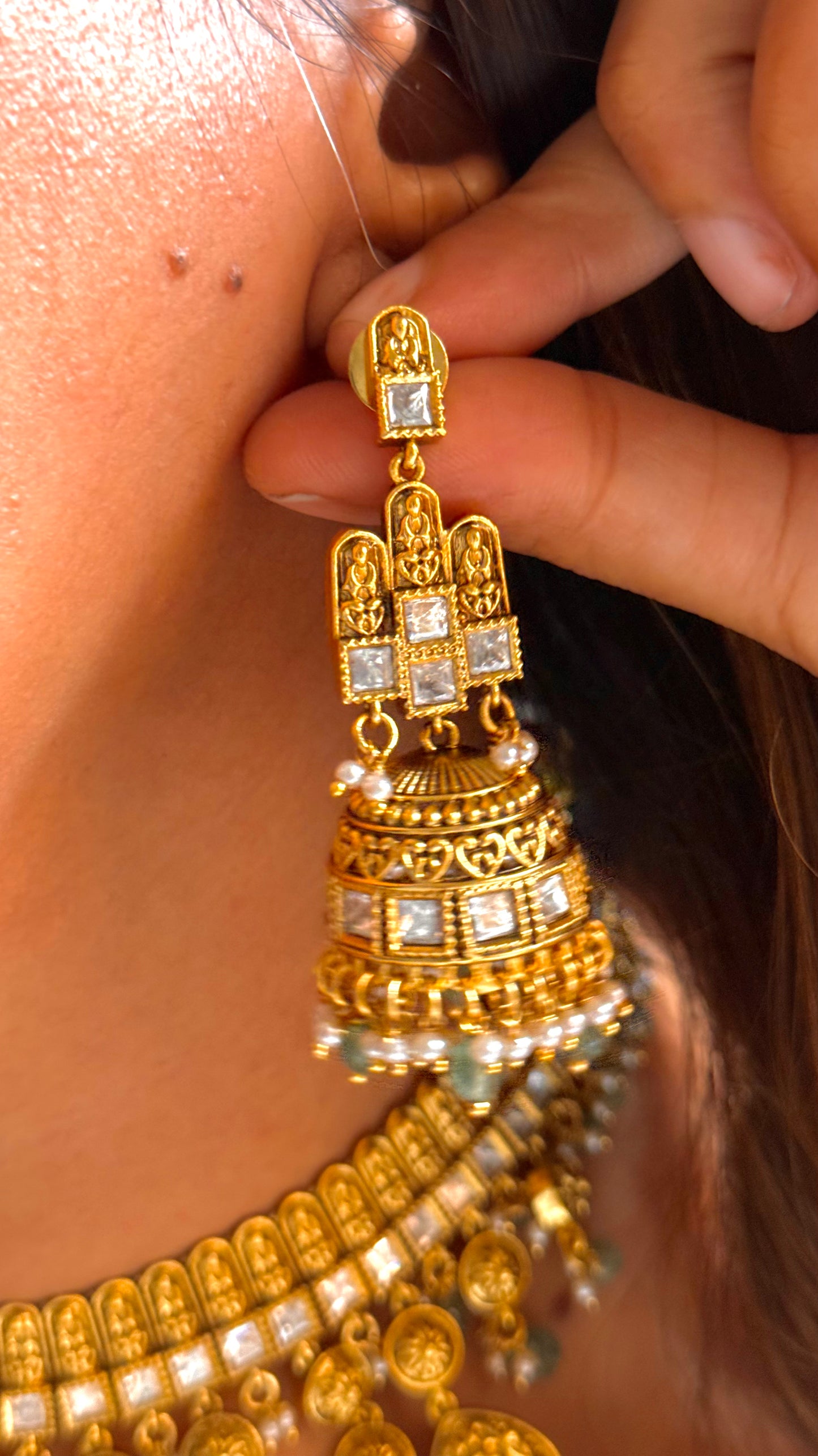 Oxidised heritage gold waterfall necklace with drop detailing