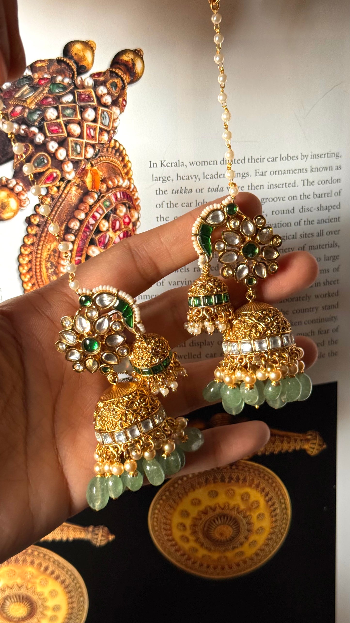 Emerald  & mint rajwada jhumki with ear chain