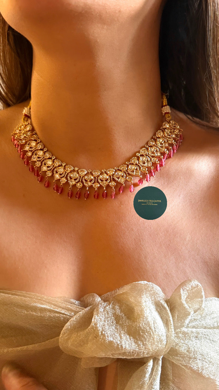 Moissanite polki with rani pink drops collar set
