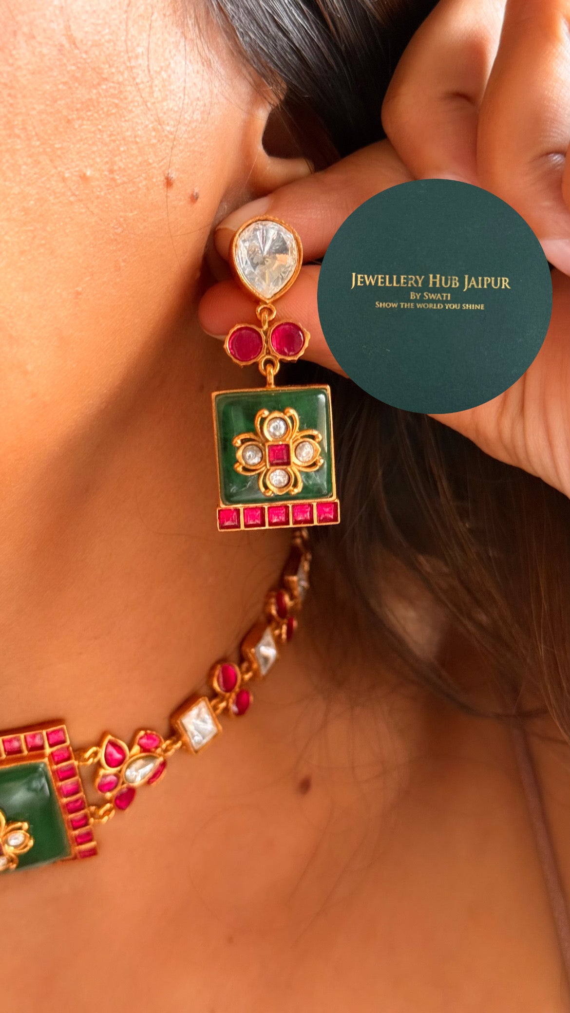 Amrapali inspired Natural stone Emerald inlay with rani pink moissanite choker set