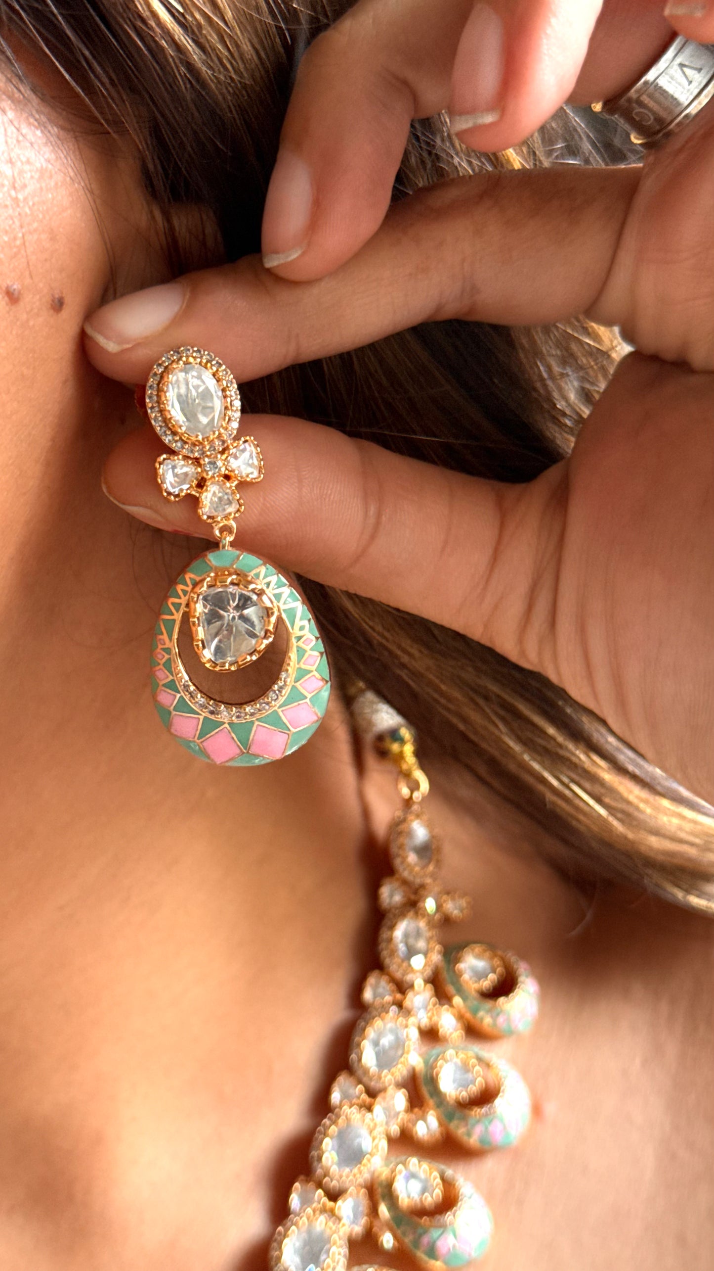 Pink & firoza meenakari necklace with polki detailing