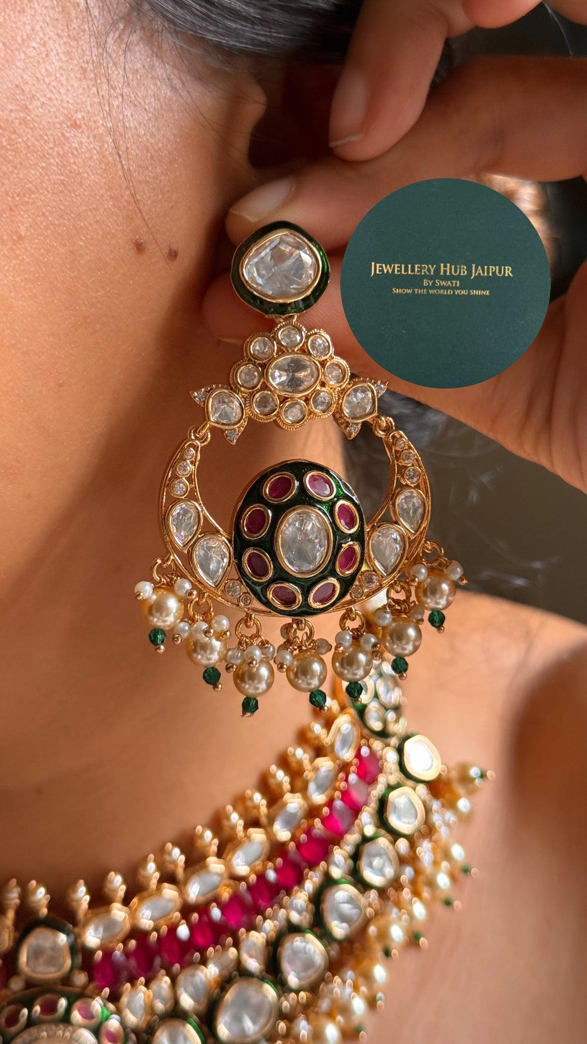 Emerald meenakari & rani pink doublet bombay polki with pearl drop choker set