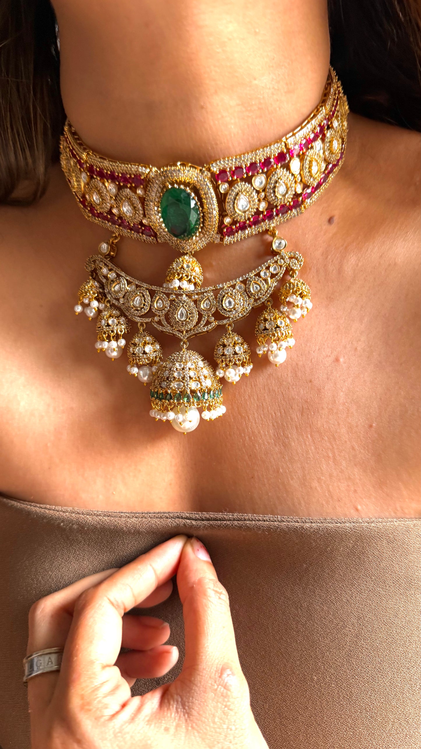 Emerald & Rani Pink jhumki necklace with pearl detailing