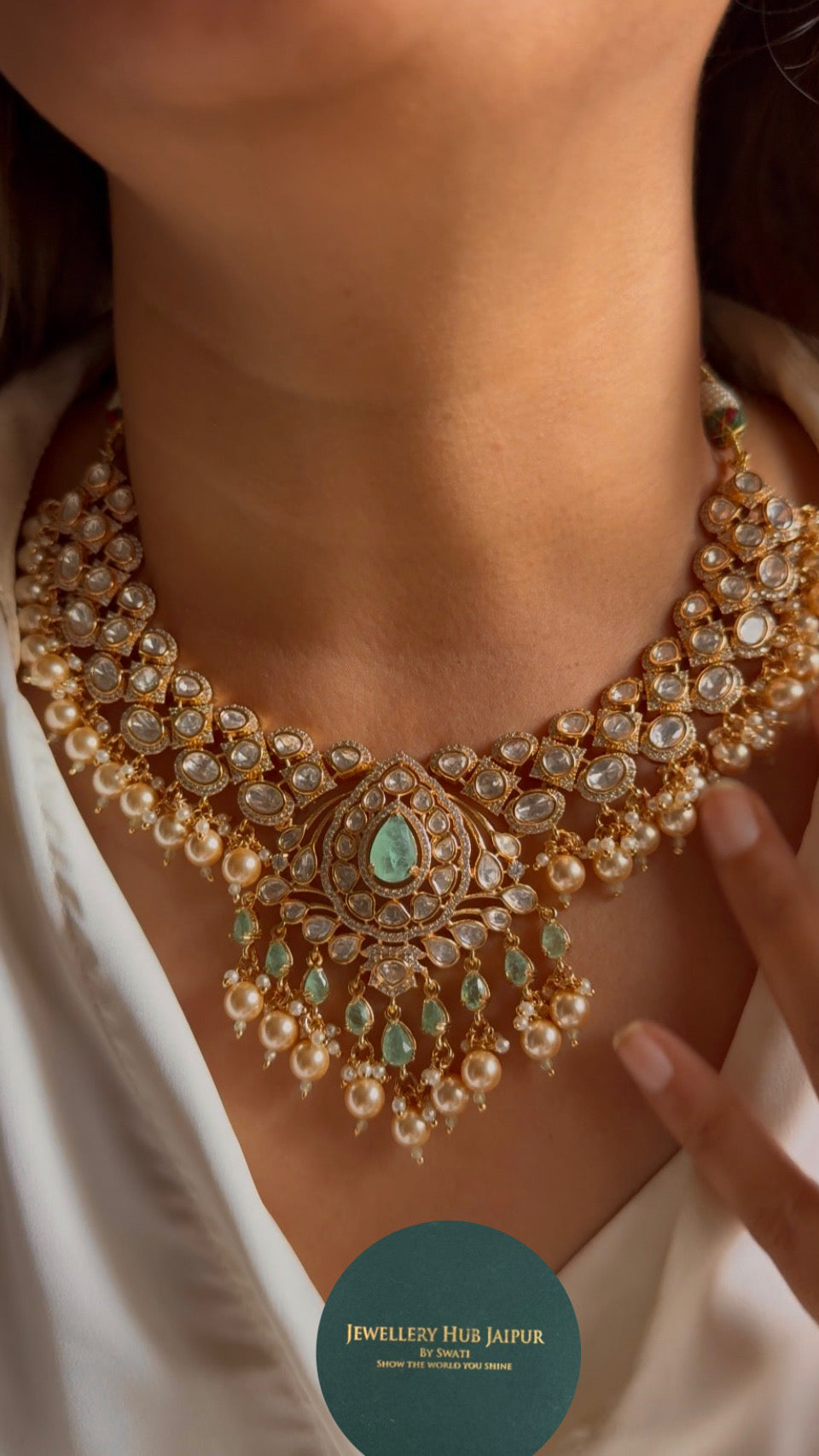 Mint doublets & moissanite polki necklace with maangtika