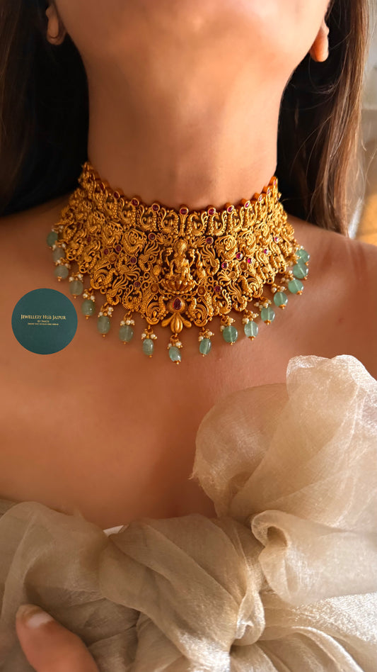 Goddess laxmi with ruby & mint drops choker set