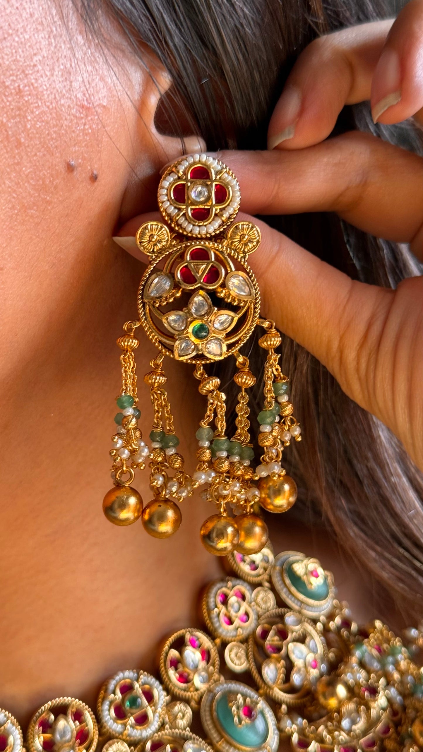 Ruby & mint heritage half moon rajwada Necklace
