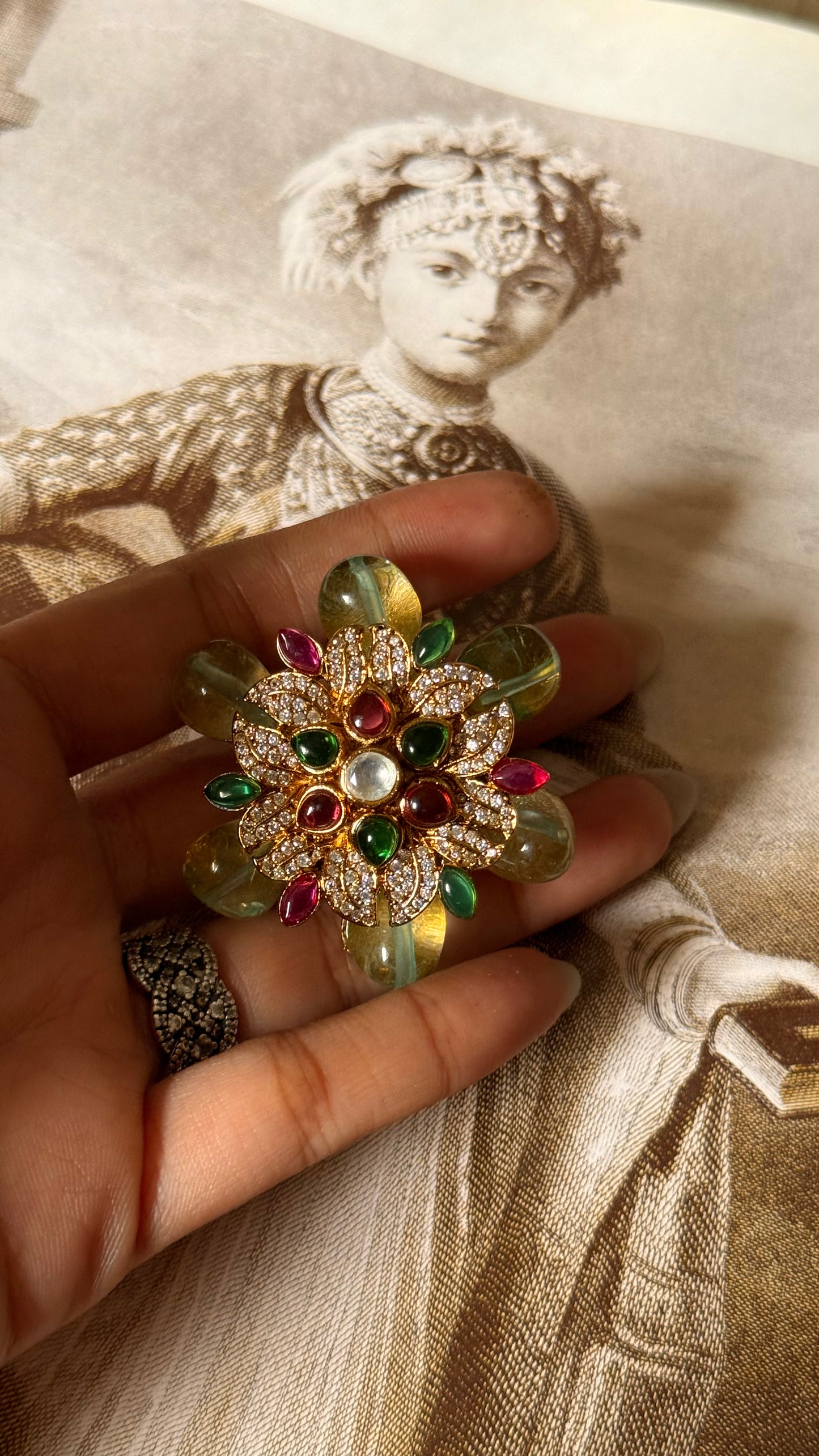 Mint, emerald & rani pink floral adjustable ring