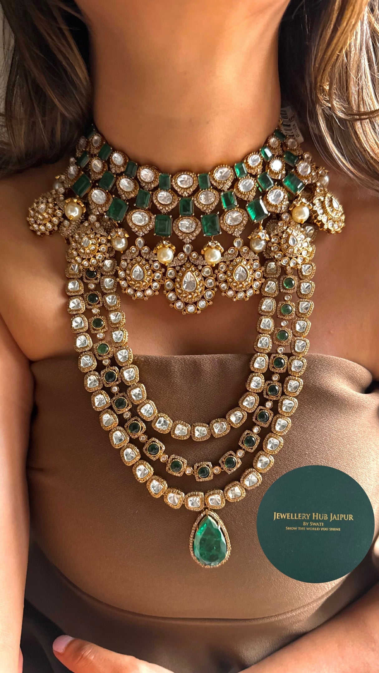 Emerald doublets with real Moissanite bridal combo Necklace