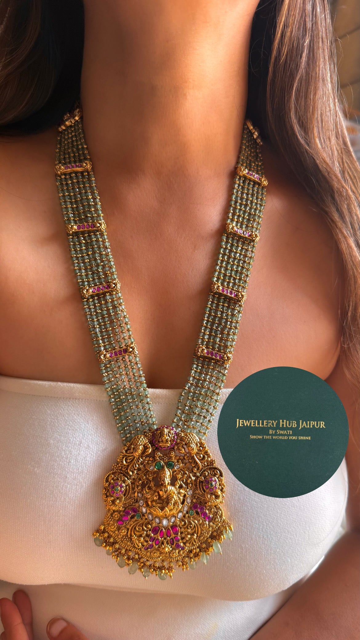 Goddess laxmi emerald & rani pink with mint string temple long set