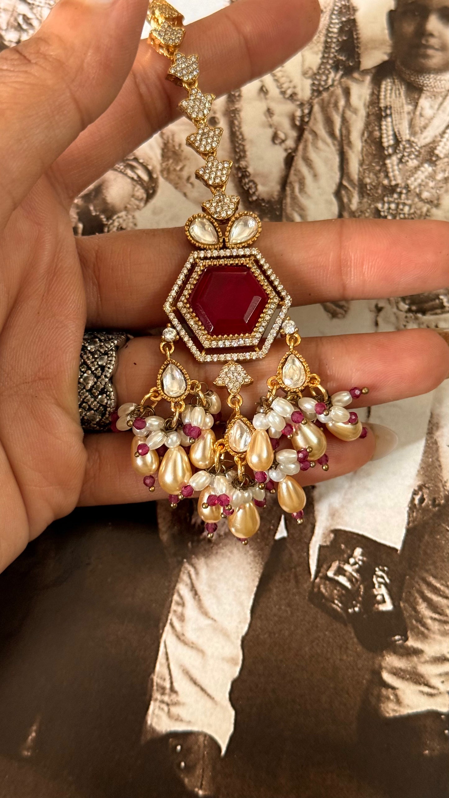 Ruby doublet Hexa Maangtika with rice pearl hanging