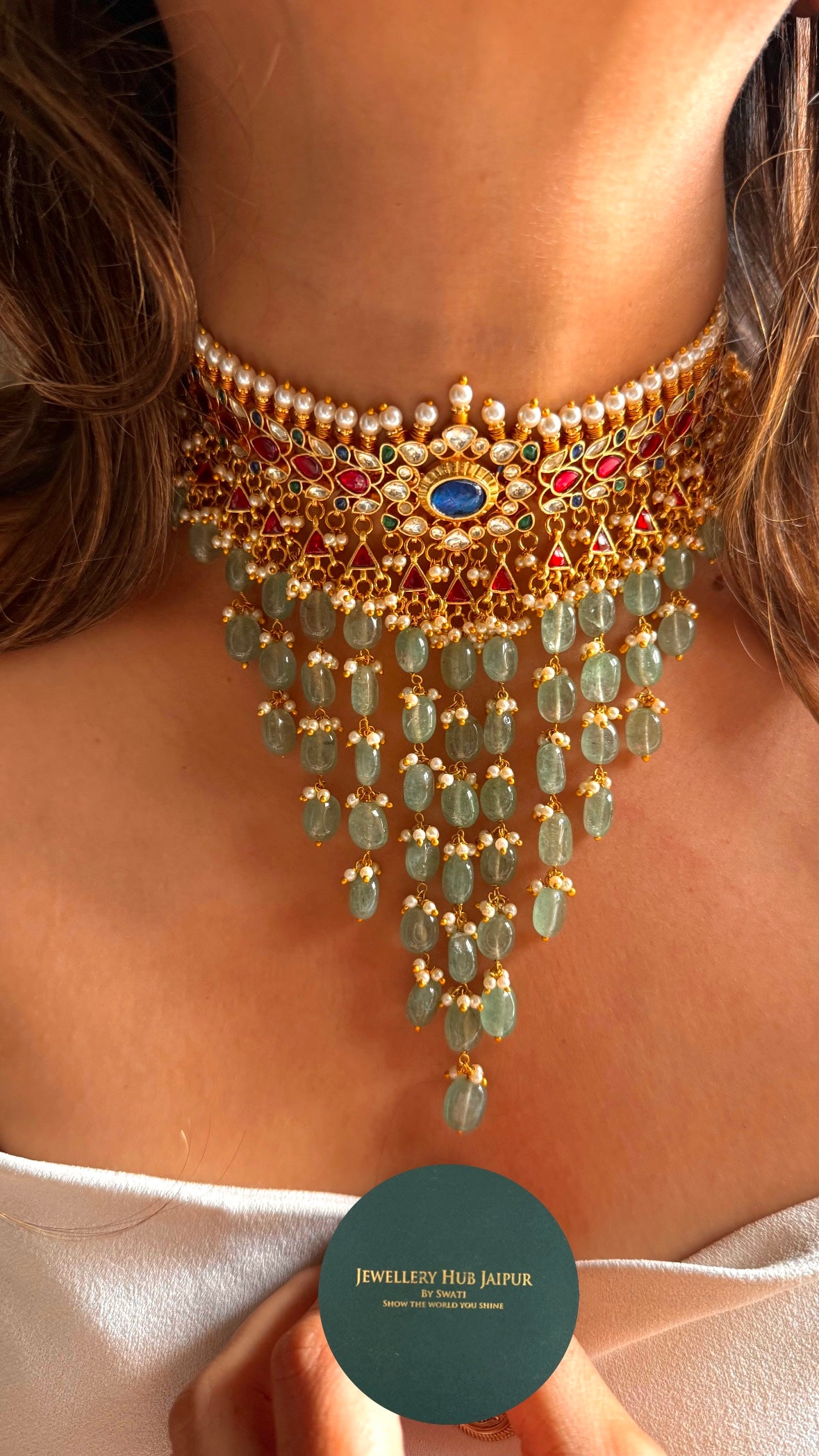 Sunheri sapphire pachi kundan mint pearl detailing Necklace