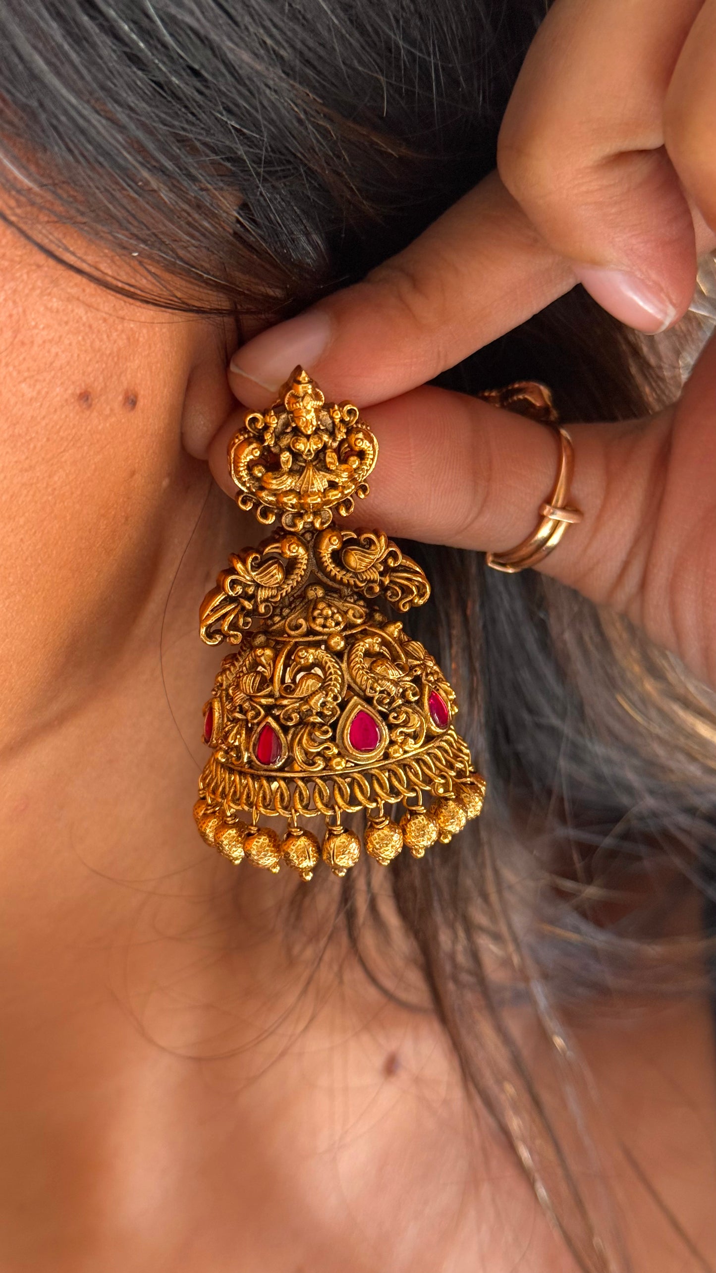 Goddess Laxmi Rani pink ruby temple Jhumki  with gold dropping