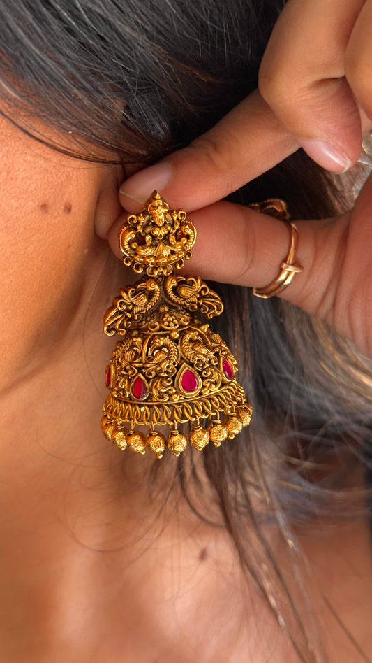 Goddess Laxmi Rani pink ruby temple Jhumki  with gold dropping