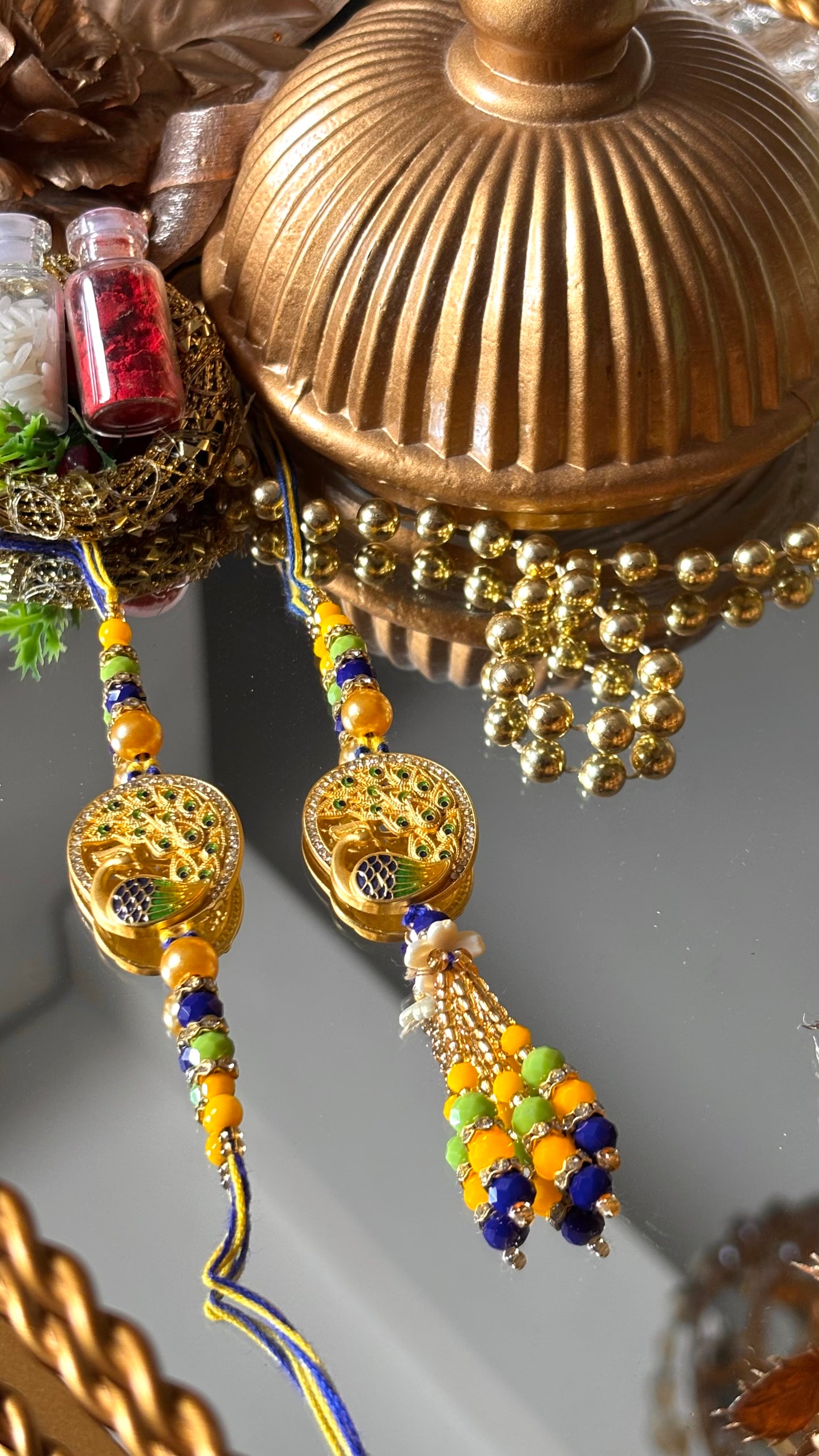Peacock inspired bhaiya bhabi  couple lumba rakhi ( shipping will be extra )