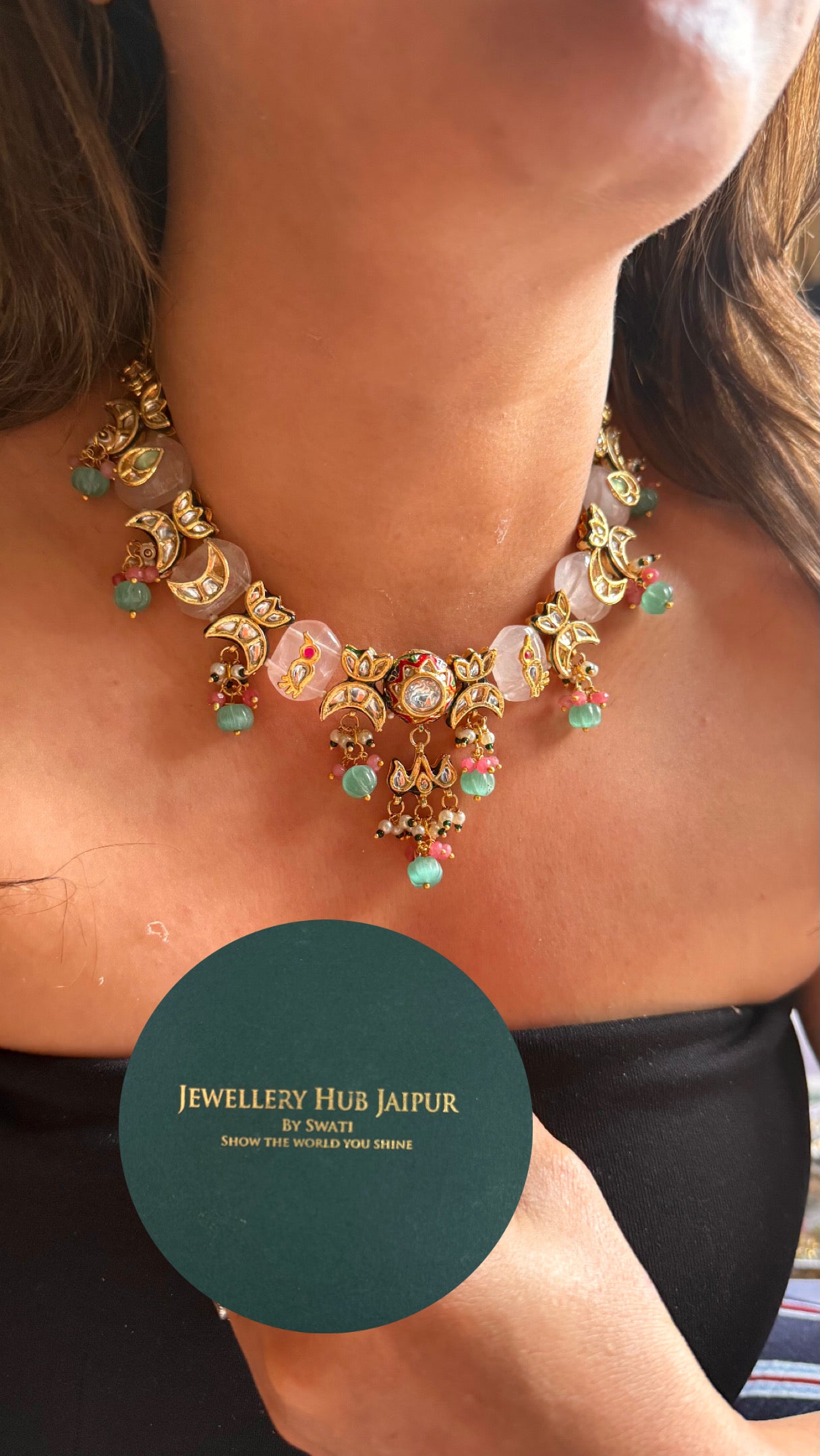 Rose quartz inlay carving with mint drops meenakari collar Necklace