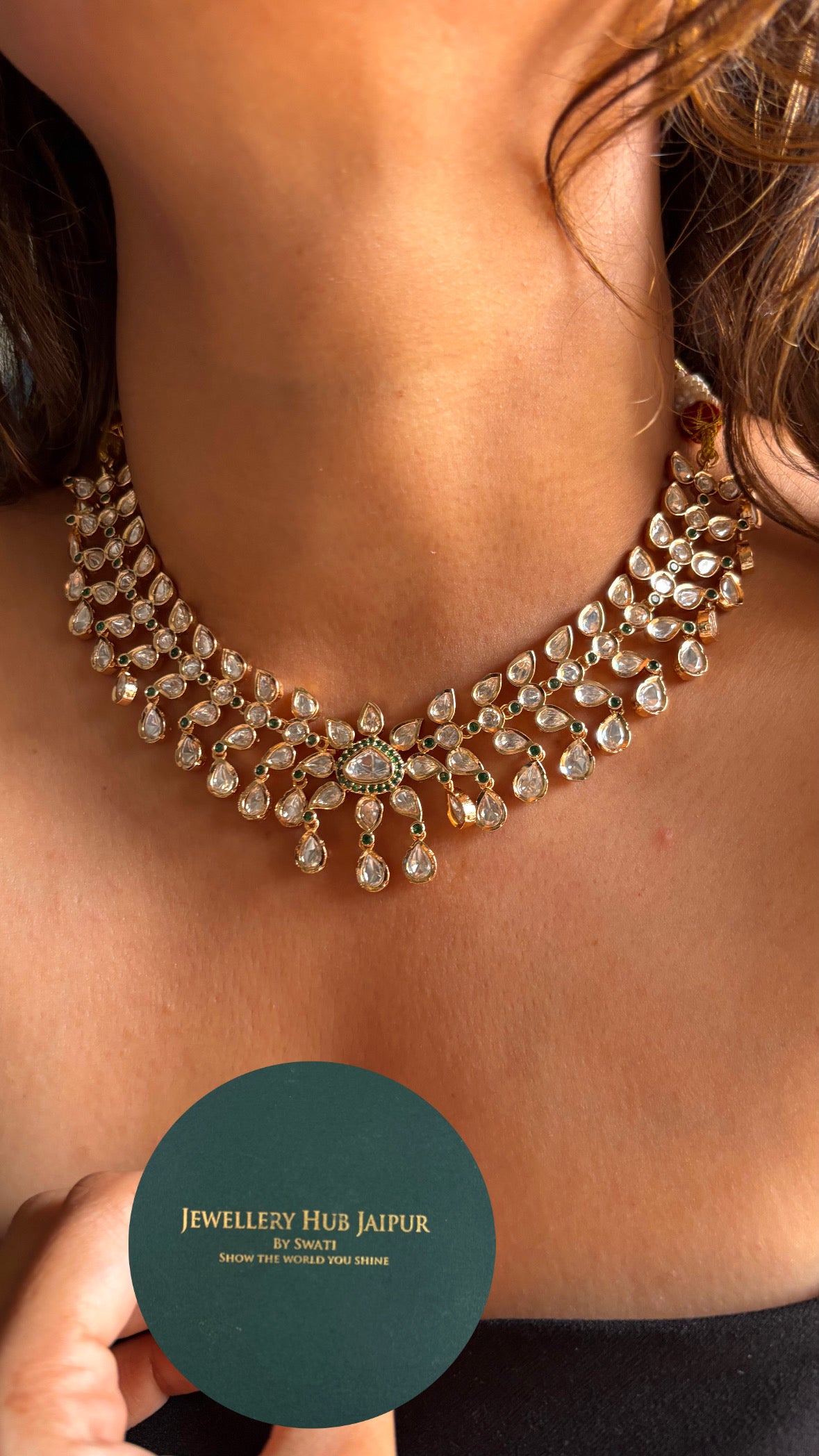 Moissanite Polki emerald collar necklace with earrings
