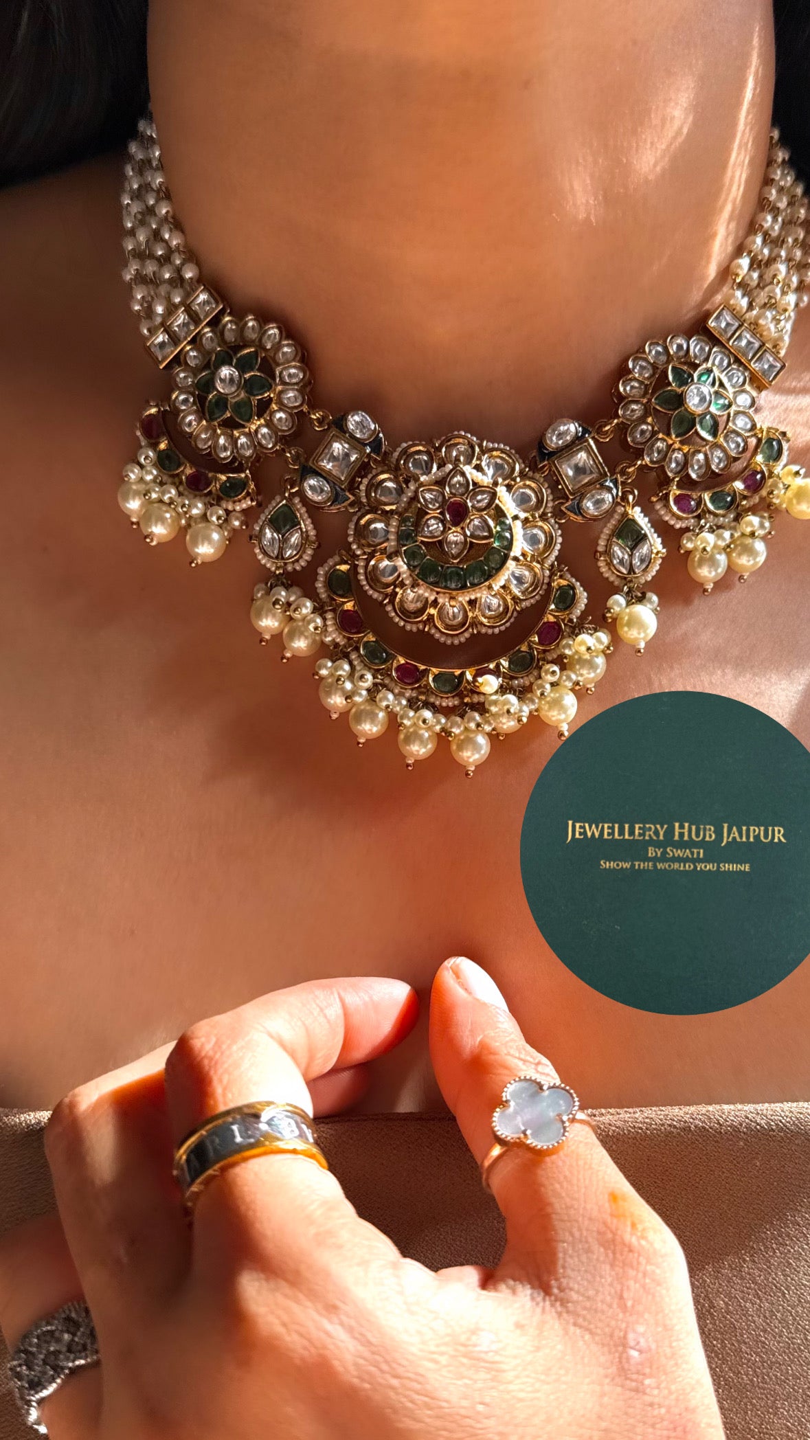 Emerald ruby paachi pearl detailing choker