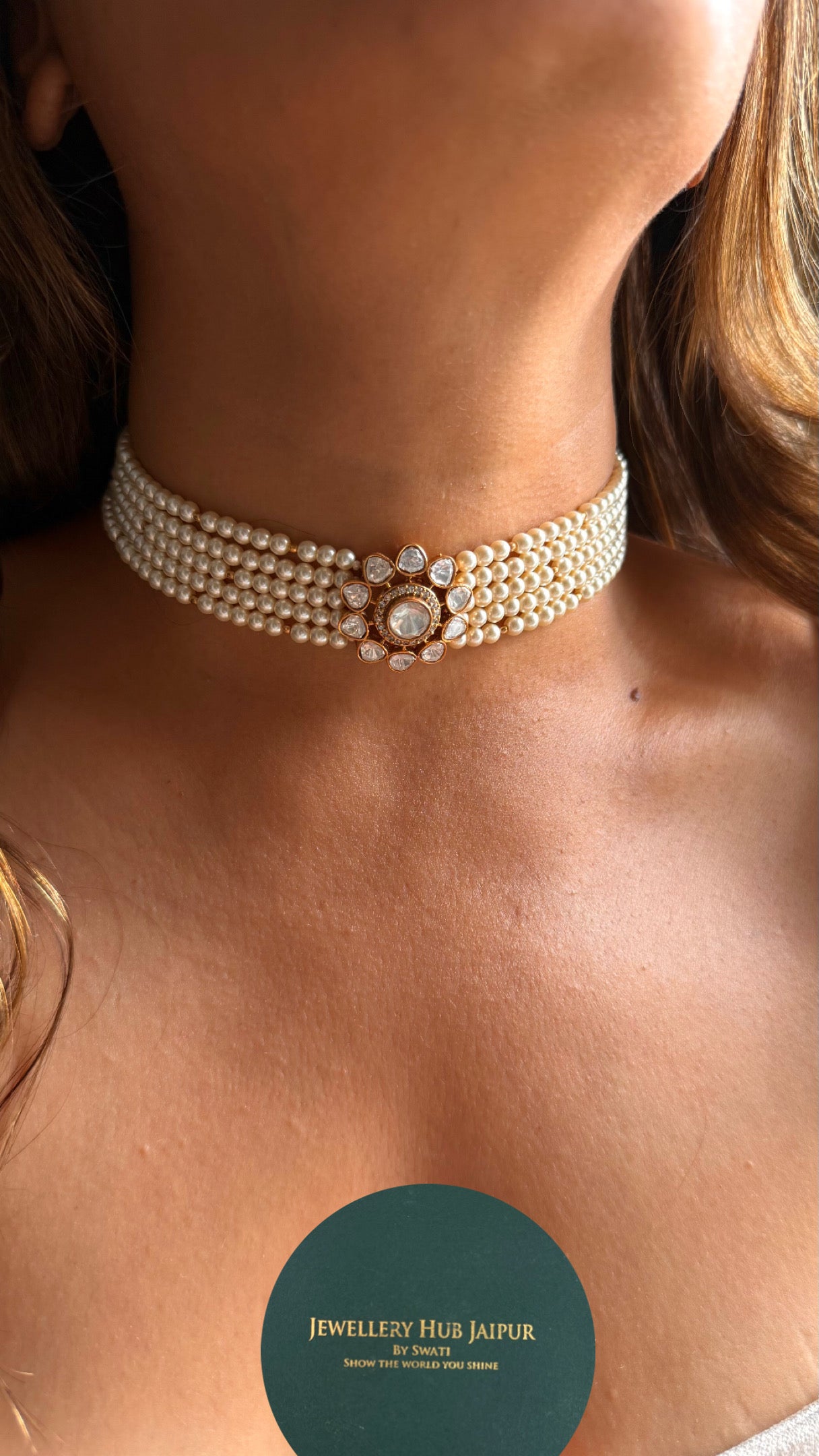 Real Moissanite floral polki pearl detailing choker necklace