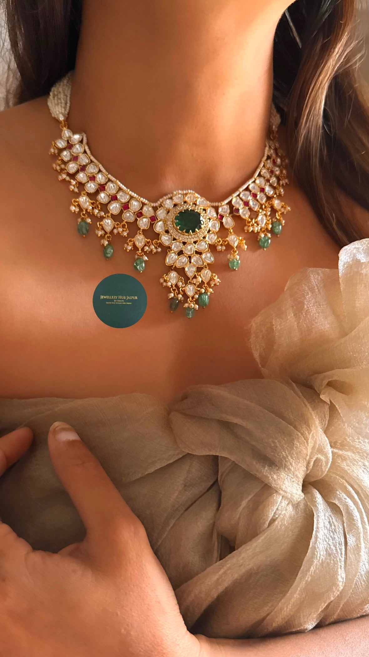 Emerald doublet real moissanite with mint drop collar set