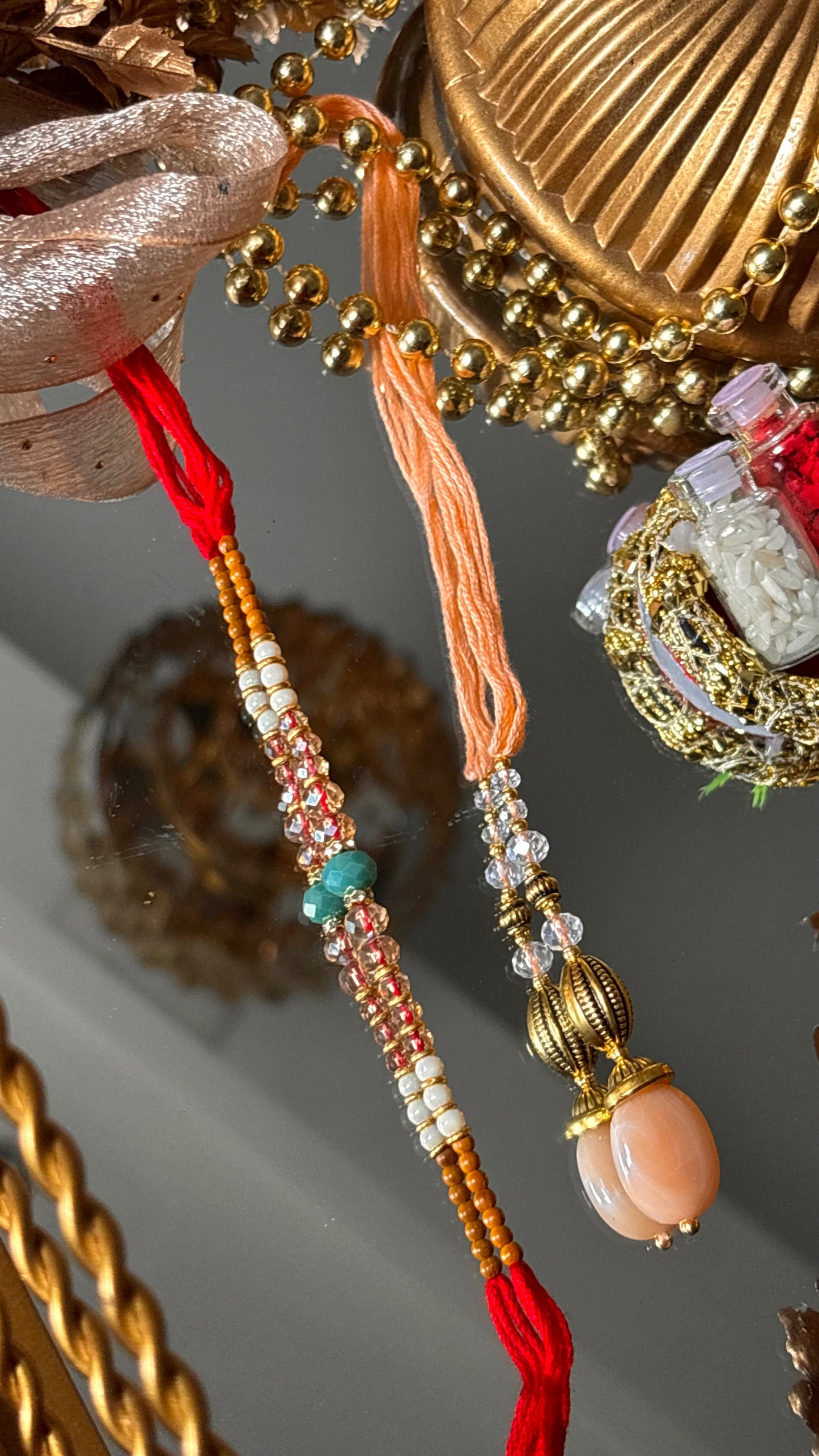Bhaiya bhabhi lumba peach designer stone oxidised rakhi ( shipping will be extra )
